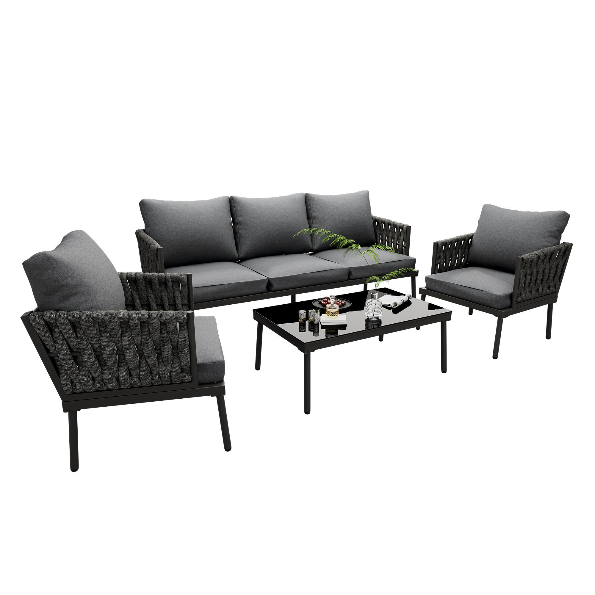 GARTEN-LOUNGESET Grau 4-tlg. mit 3er Sofa, 2 Sesseln & Glastisch - Grau, Metall - ComfortXL