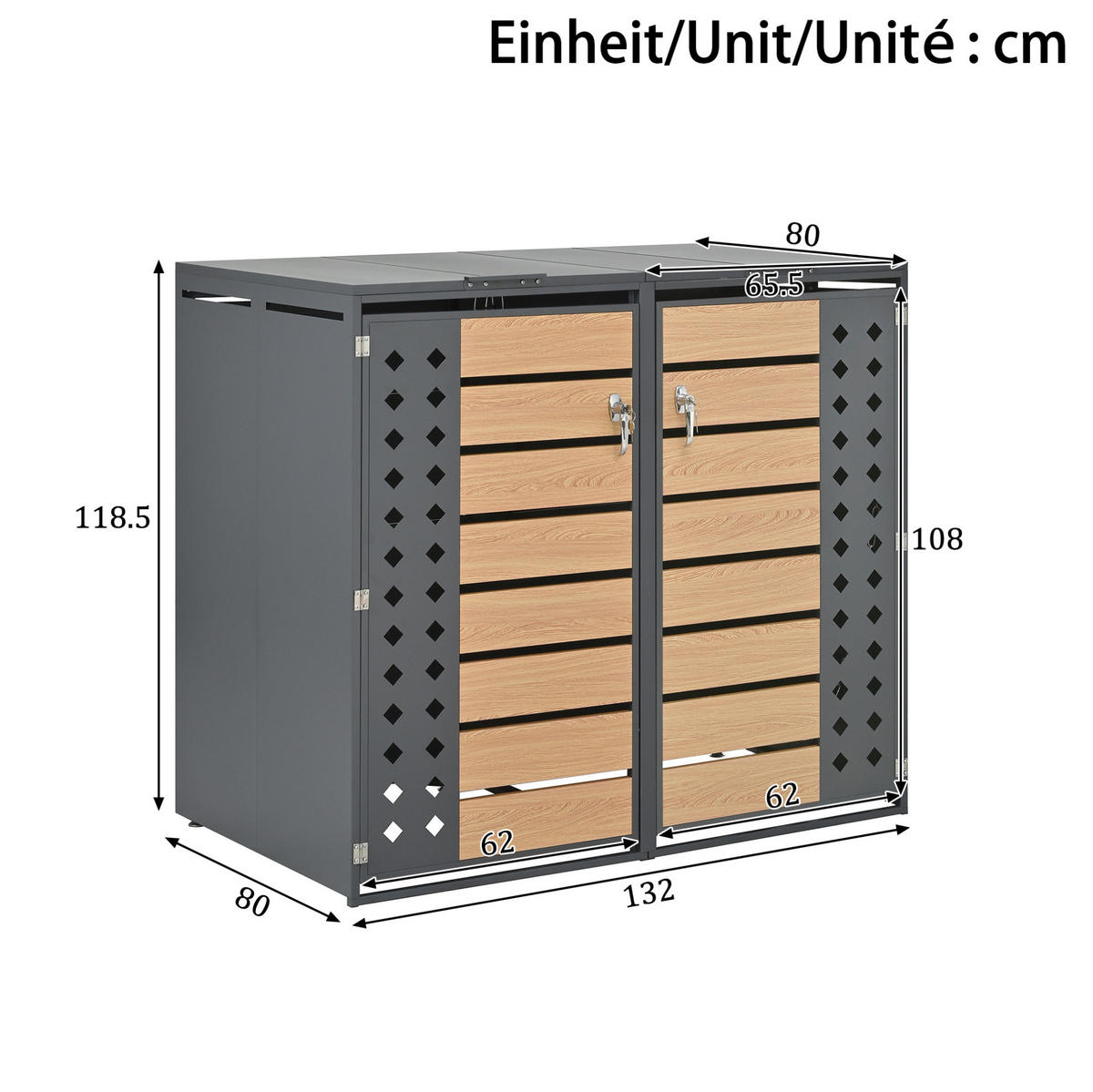 MÜLLTONNENBOX aus Stahl in Grau Holzoptik mit hydraulischem Klappdeckel - Grau, Metall (132/118.5/80cm) - Modfu