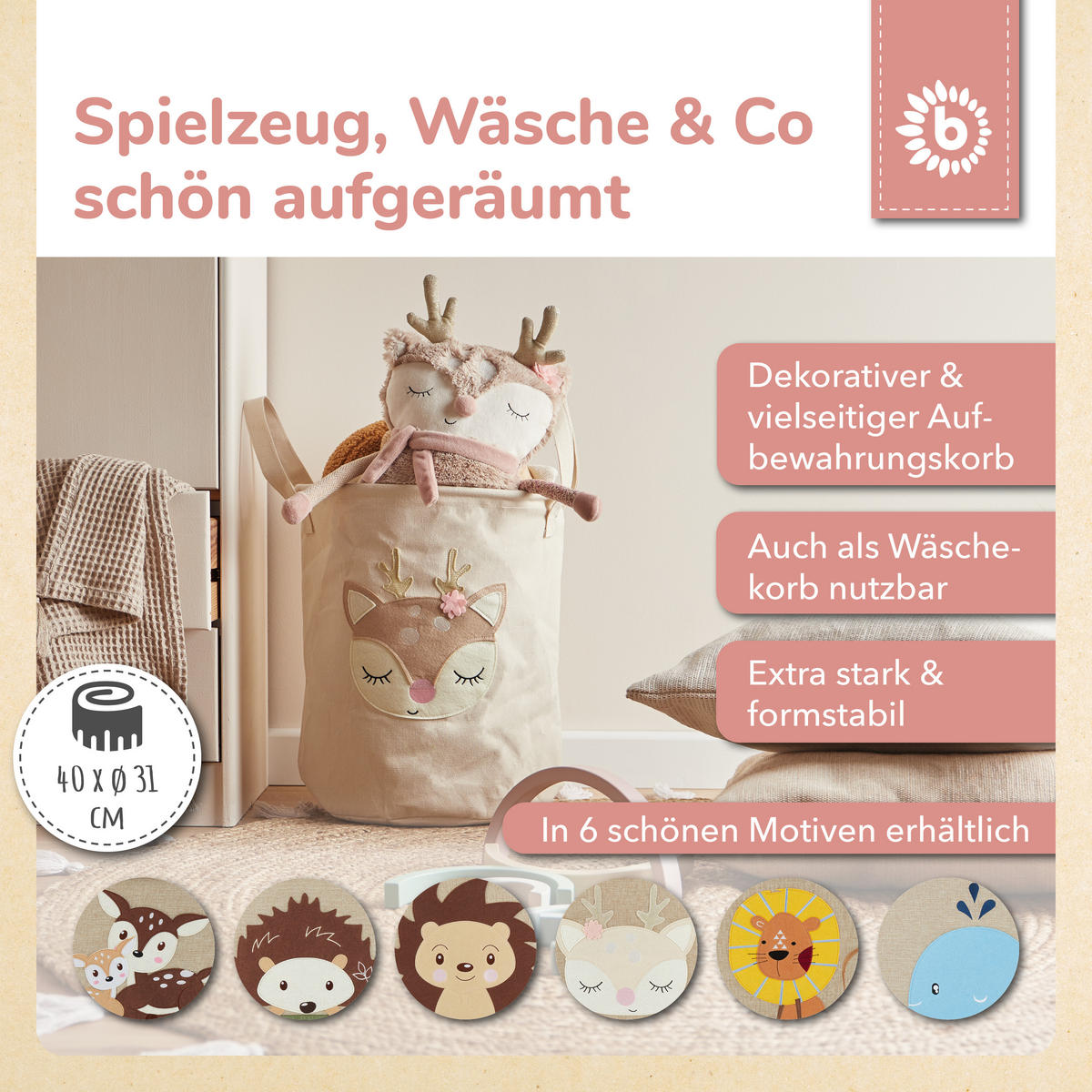 WÄSCHEKORB Spielzeugkorb Reh - Beige, Textil (31/31cm) - Bieco Spielwaren