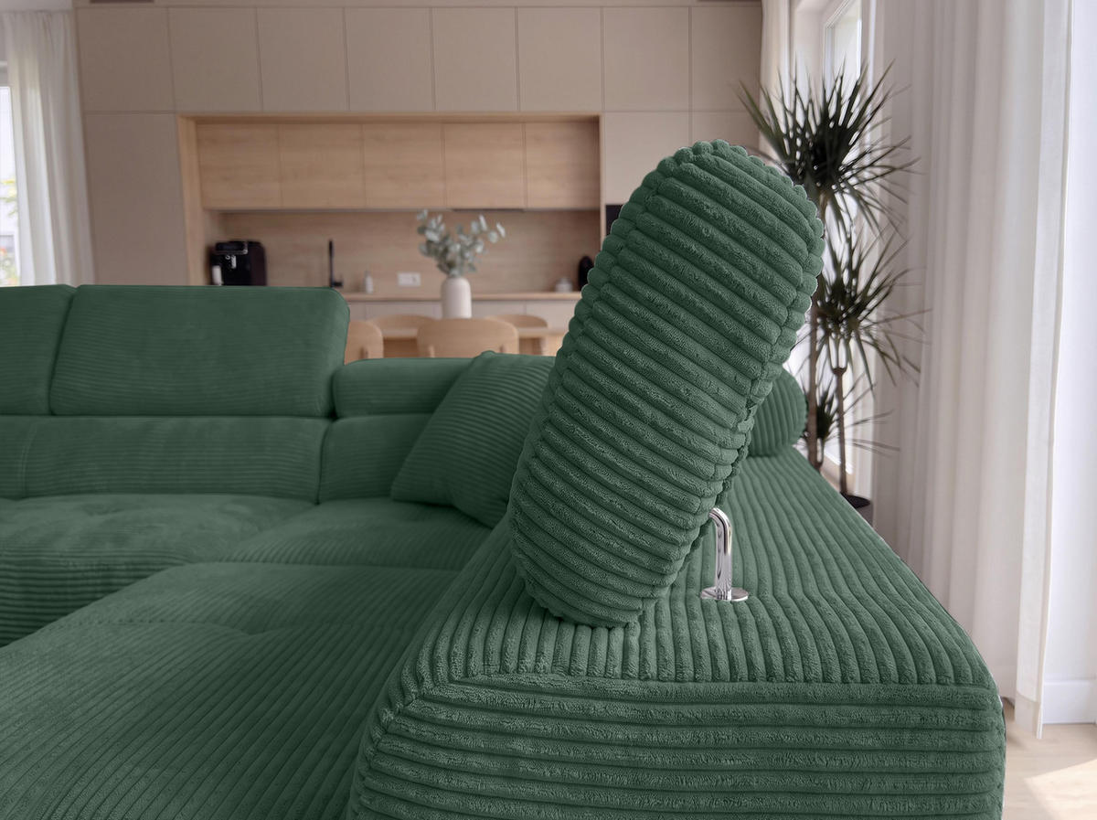 ECKSOFA L Form Konak Flaschengrün 276/201/90 cm Rechts mit Schlaffunktion - Dunkelgrün/Silberfarben, Textil/Metall (276/203cm) - AX Living