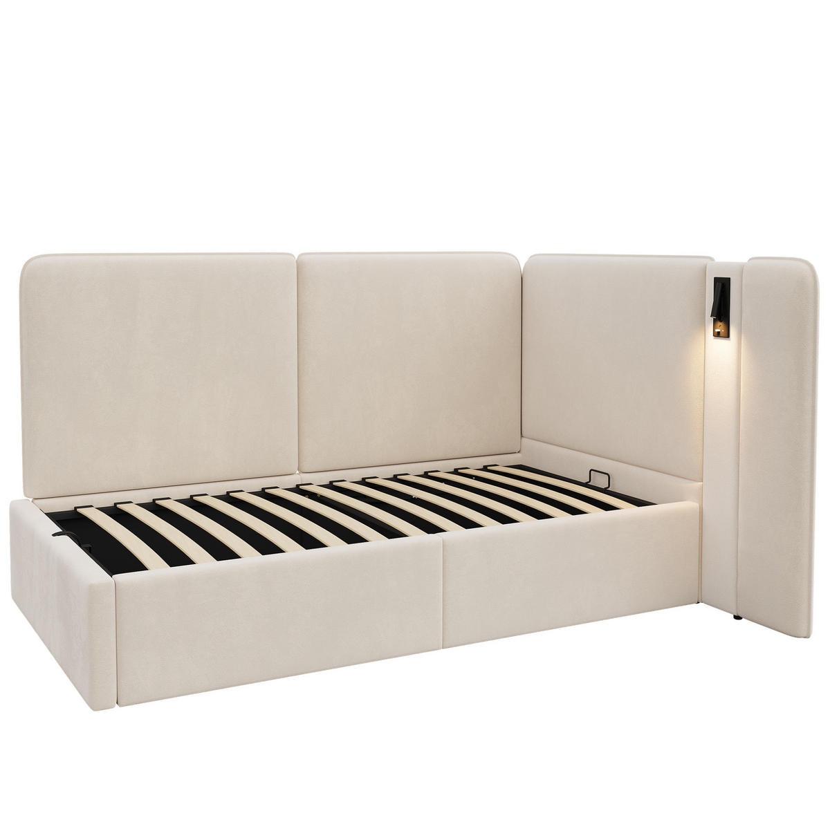 TAGESBETT 90/200 cm aus Samt mit hydraulischem Stauraum, USB-C-Anschluss und Leselampe Beige - Beige, Textil (90/200cm) - Modenvie