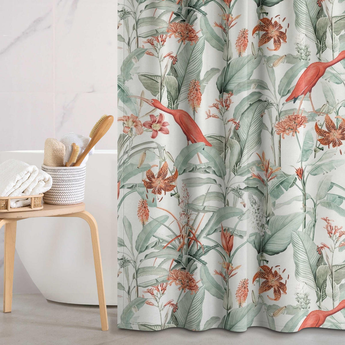 DUSCHVORHANG Tigerlilie und Kraniche in Botanik 180/180 cm - Türkis, Textil (180/180cm) - Bilderwelten
