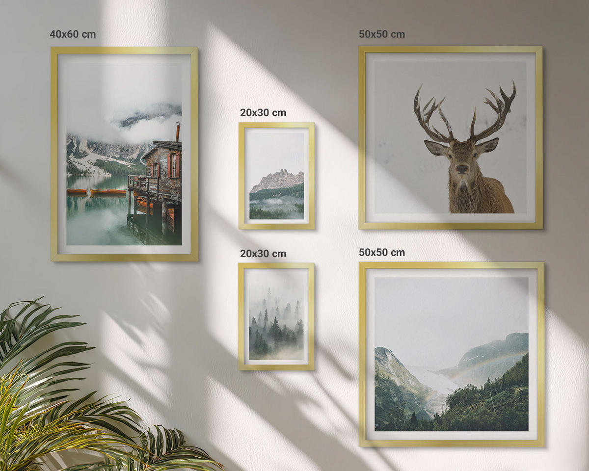 WANDBILDER 5er Set - 50x50 cm & 20x30 cm & 40x60 cm Goldrahmen - Berge, See, Hirsche, Hütte, Nebel - Goldfarben, Kunststoff (40/60cm) - ArtPrintCave