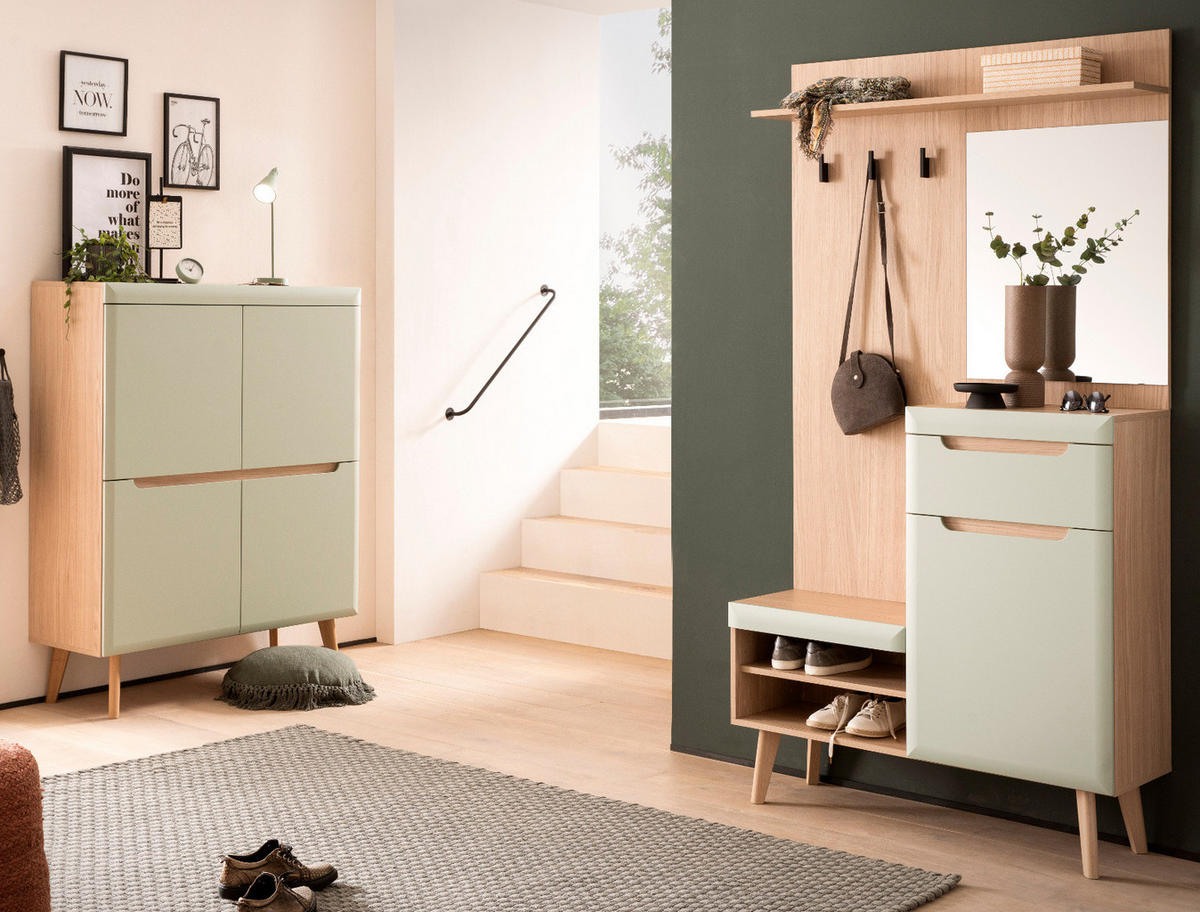 GARDEROBEN-SET 2-teilig Pistazie matt, Scandi Eiche, Garderobenkombination skandinavisch, 227 x 209 cm - Eichefarben/Pastellgrün, Glas/Holz (237/200/40cm) - Furn.Design