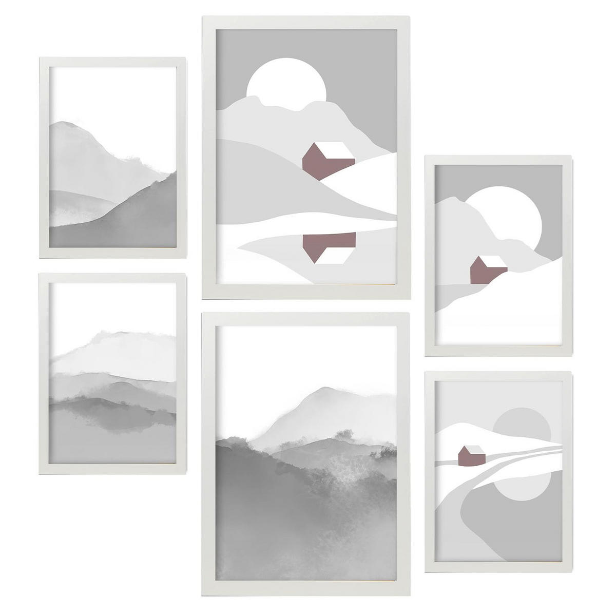 POSTER Set Mit 6 Naturtöne Landschaft Größe A3 & A4 Weißer Rahmen - Weiß, Papier (29.7/1cm) - Nacnic