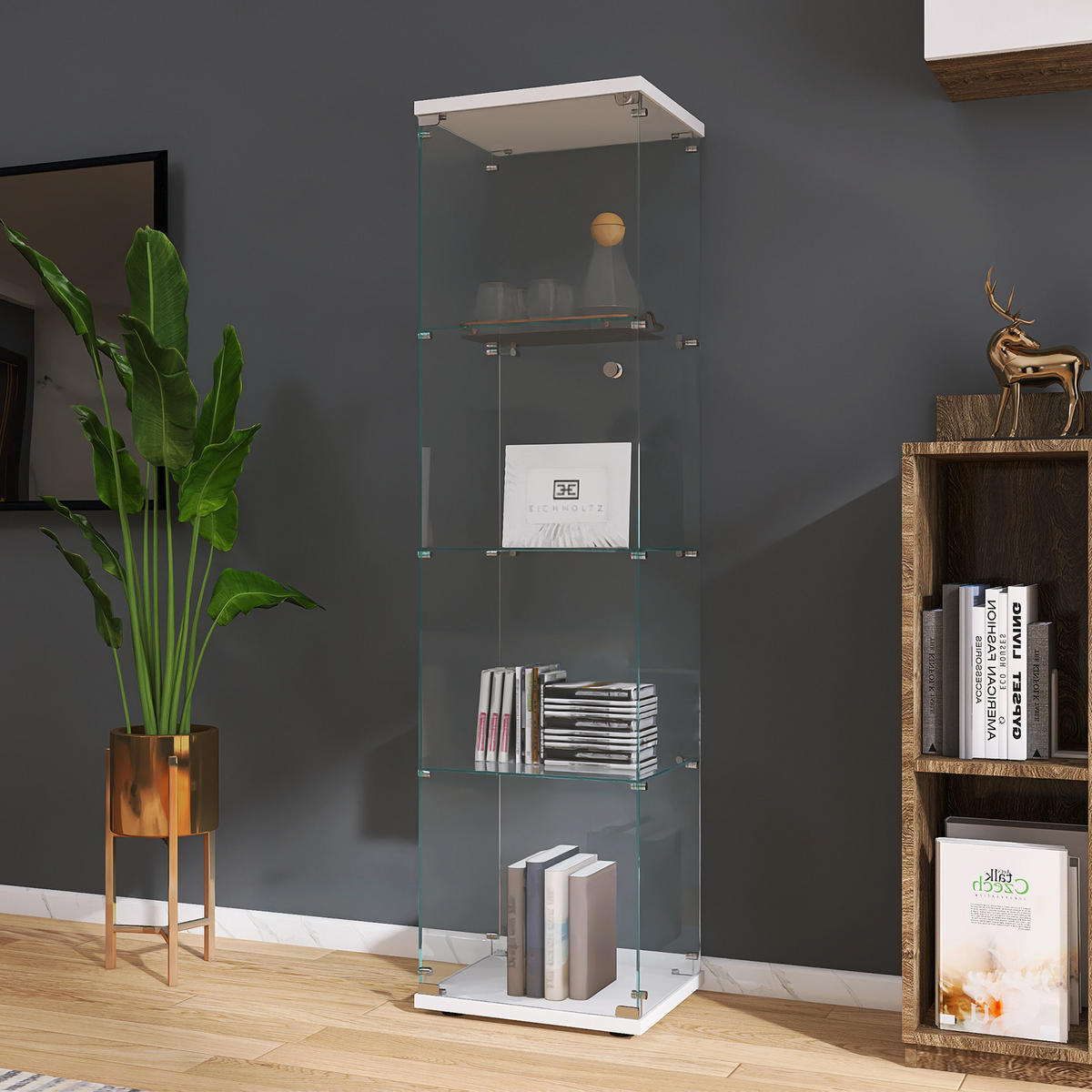 STANDVITRINE 42x164cm Weiß mit 4 Böden, abschließbar - Weiß, Glas (14.37/64.56/16.73cm) - SHOPENTRA