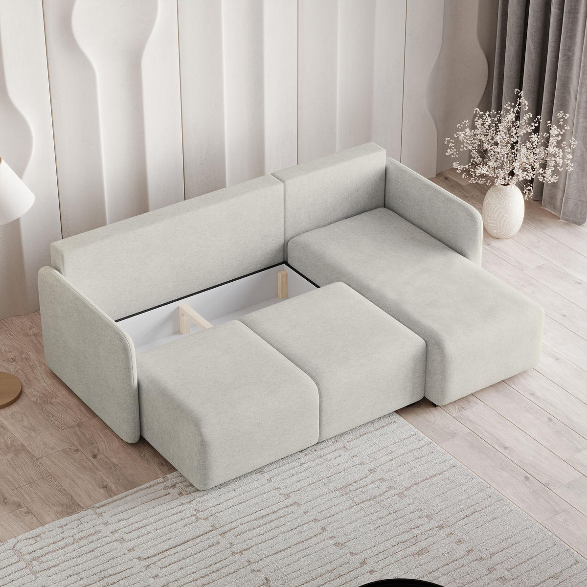 ECKSOFA SUVINO Creme Geflochtener Stoff mit Schlaffunktion - Creme, Holz (230/143cm) - MASSENO