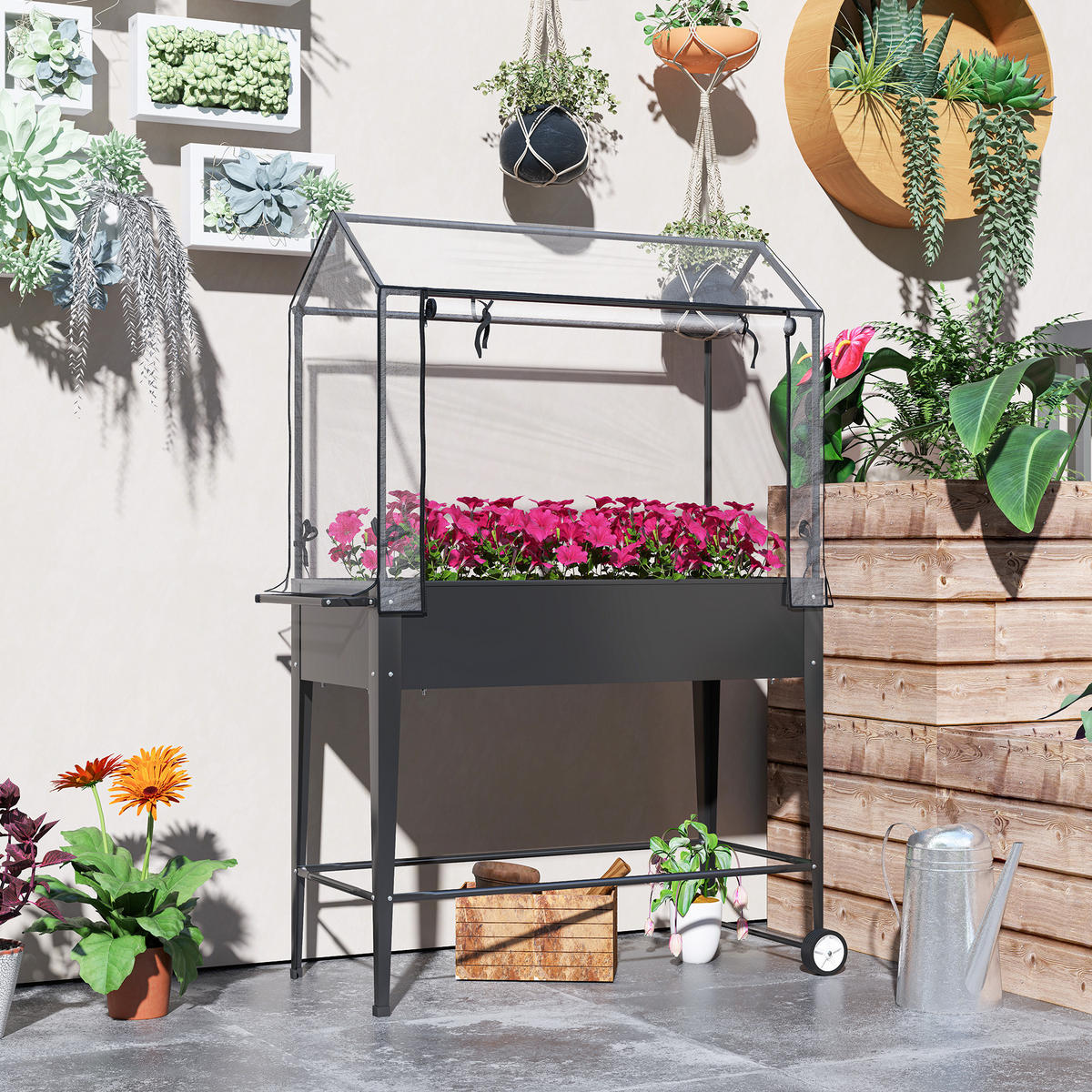 HOCHBEET DE-16020 mit PVC-Abdeckung & Rollen Schwarz - Schwarz, Metall (100/152/45cm) - ComfortXL