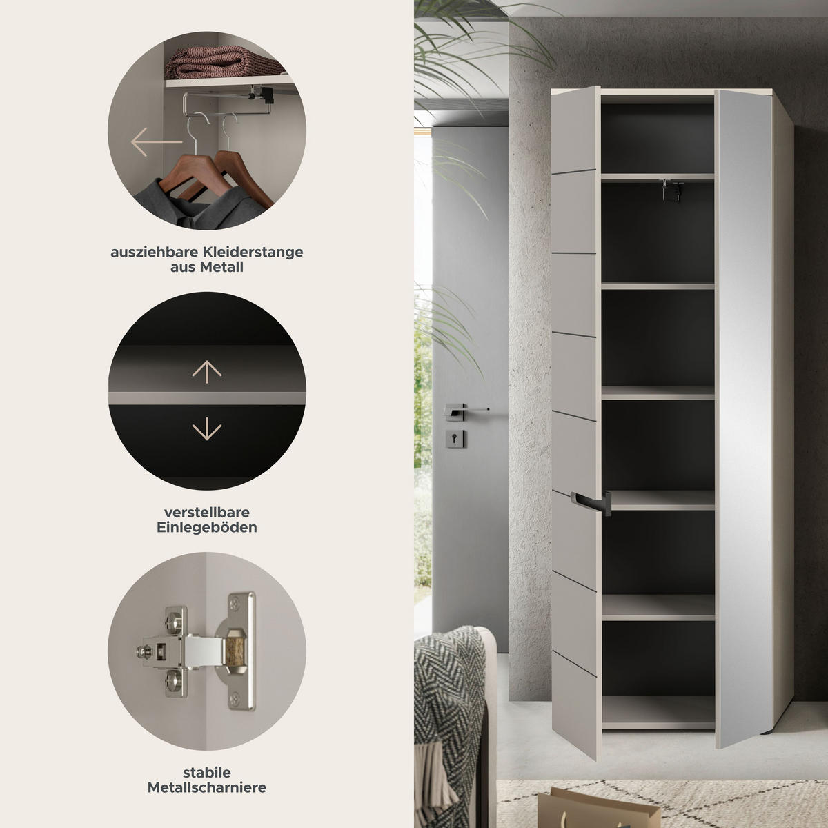 GARDEROBENSCHRANK Nova Garderobe in Basalt grau Nb. und Artisan Nb. B/H/T: 65x190x37 cm - Kaschmir, Holzwerkstoff (65/190/37cm) - Homes & Jones
