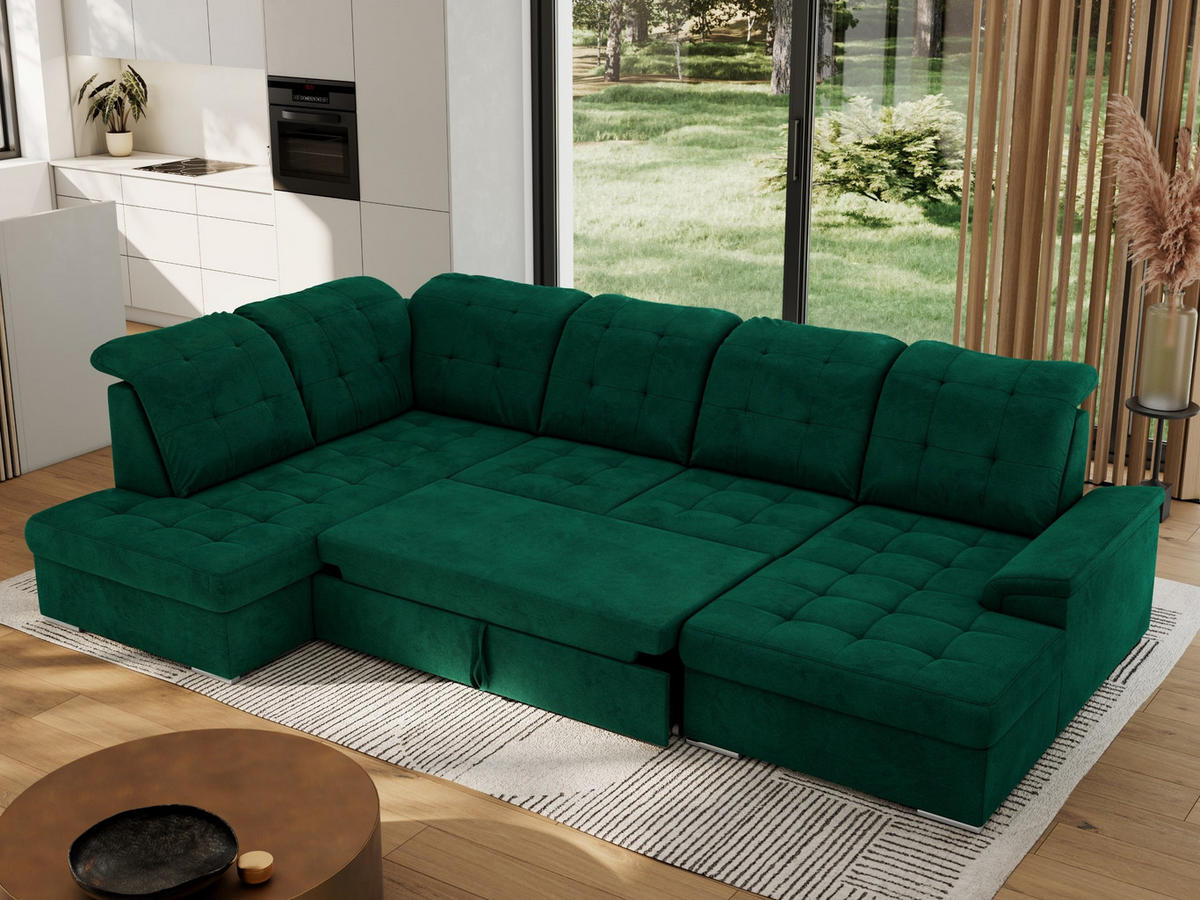 WOHNLANDSCHAFT MADRITO U - DunkelGrün Velorus - Links - Dunkelgrün/Silberfarben, Textil/Metall (204/89/323cm) - MKS
