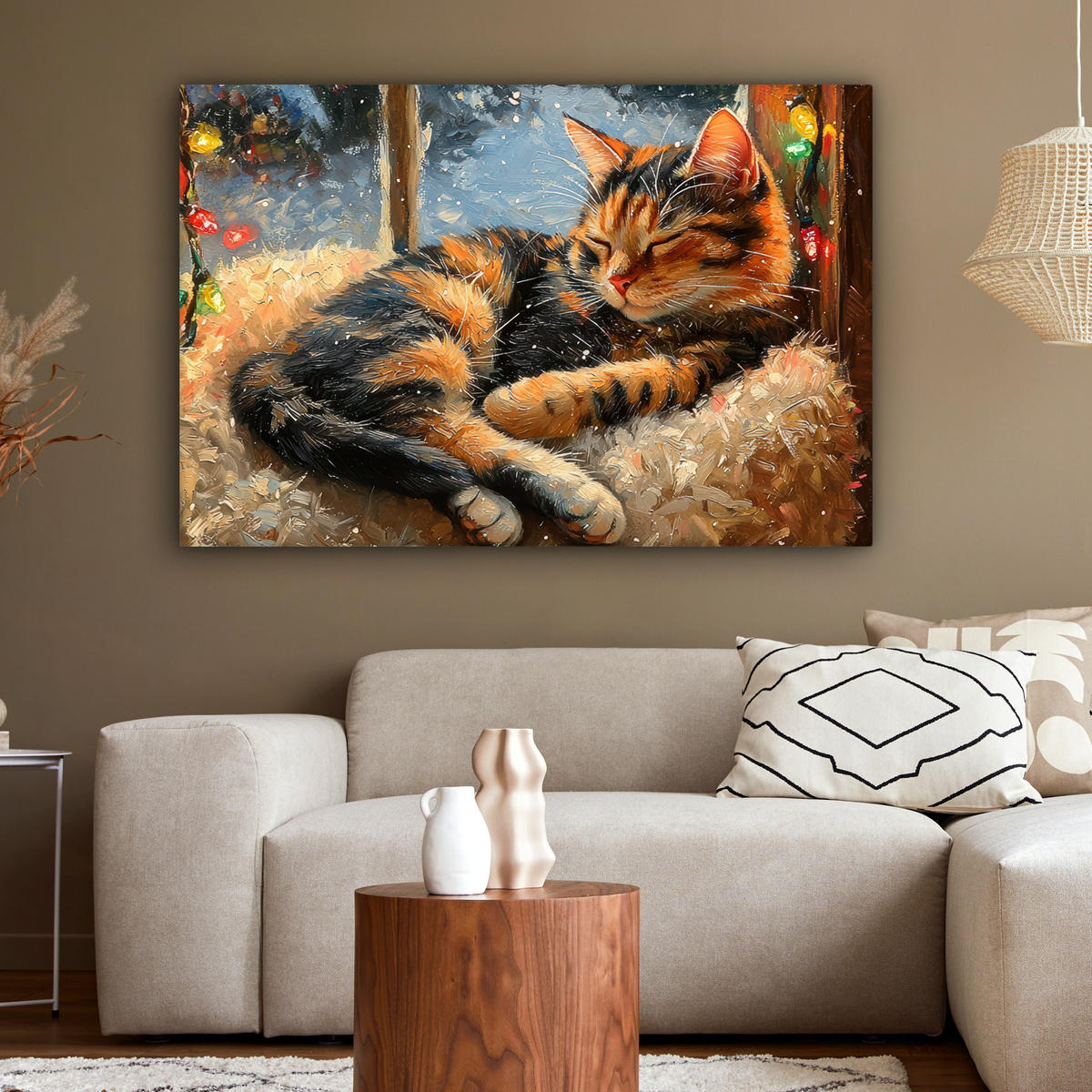 LEINWANDBILD Katze - Weihnachten - Winter - Tier Groß 140x90 cm - Bernsteinfarben, Textil (140/90cm) - MuchoWow