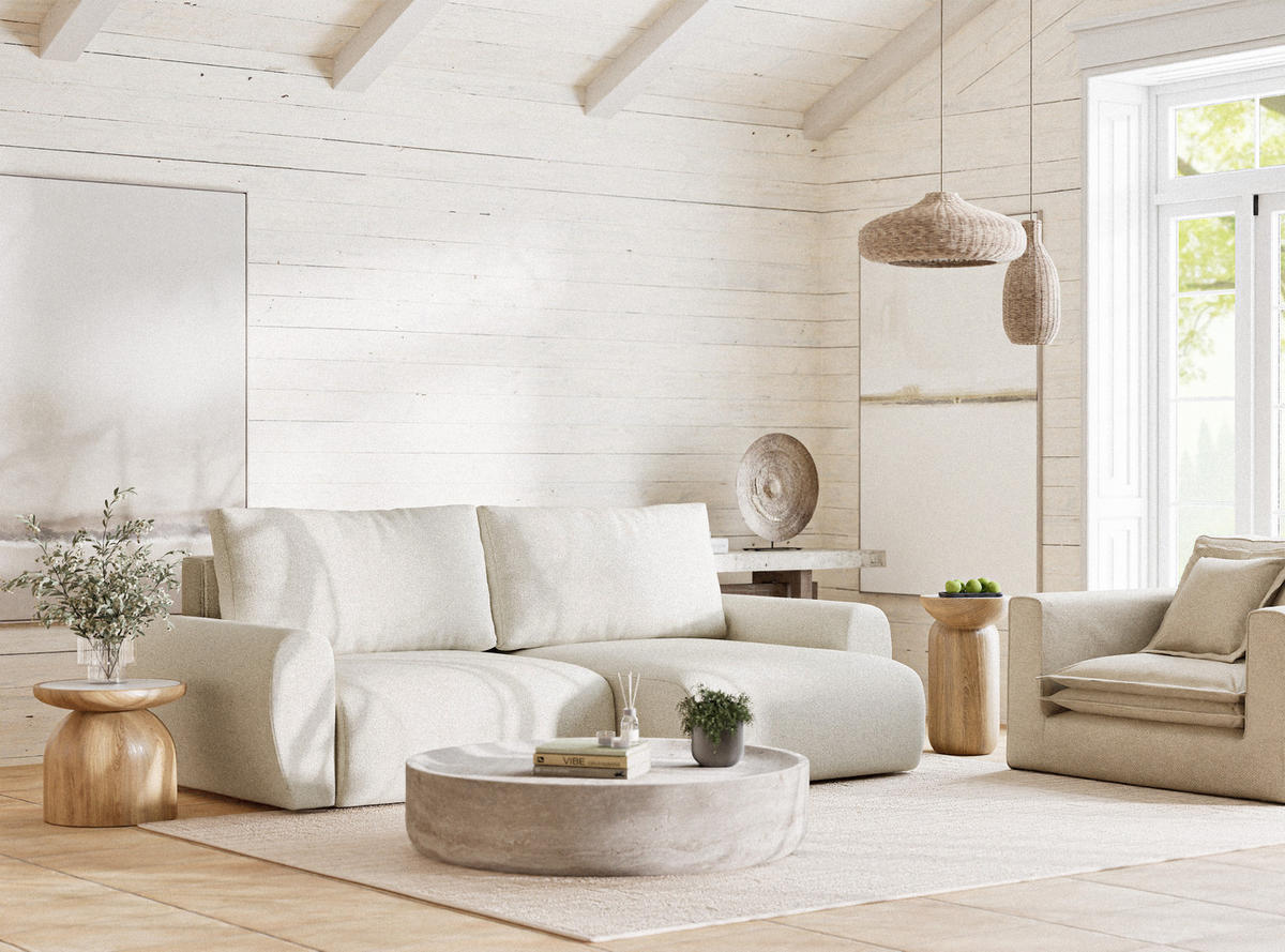 ECKSOFA MIT SCHLAFFUNKTION Numba Creme Webstoff - Creme/Schwarz, Holz/Holzwerkstoff (253/153cm) - Maison de Reve