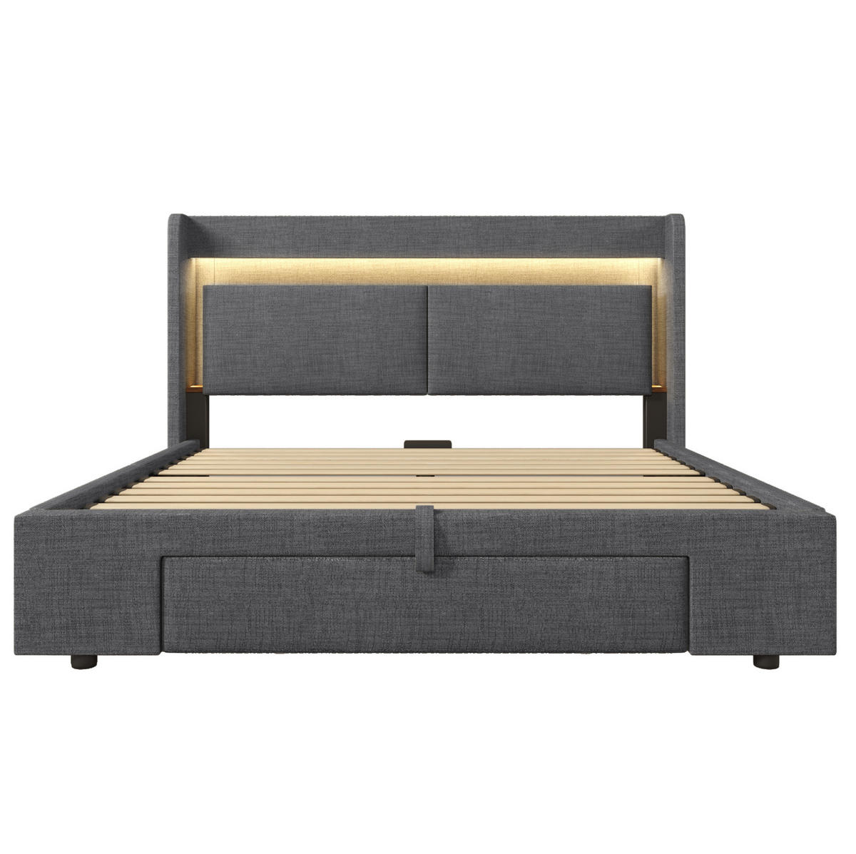 POLSTERBETT aus Leinen 140x200 cm Grau mit hydraulischem Stauraum, LED, USB und USB-C - Grau, Textil (140/200cm) - IVMEU