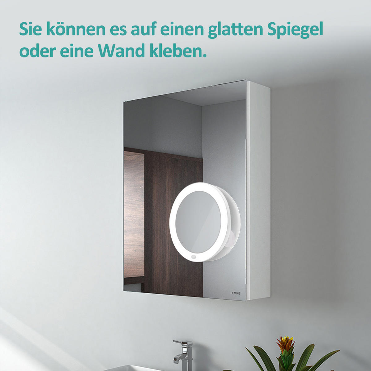 KOSMETIKSPIEGEL mit Licht mit Saugnapf, 5-fache Vergrößerung, Weiß, ф16,5 cm - Weiß, Glas (16.5/16.5/16.5cm) - EMKE