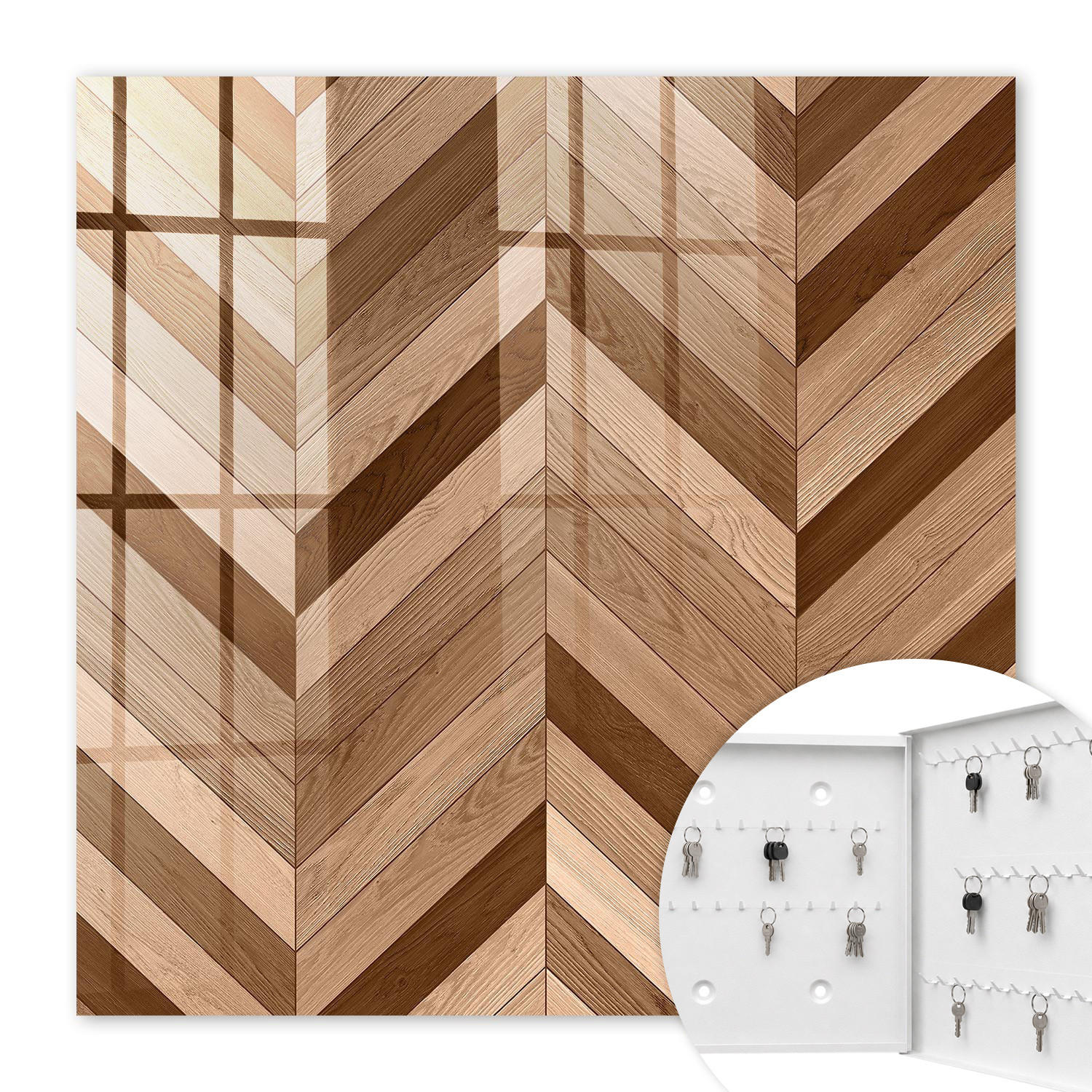 SCHLÜSSELBOX Weiß 30x30 cm – Türöffnung nach rechts - Holz-Fischgrätmuster - Braun, Metall (30/30/5cm) - TULUP