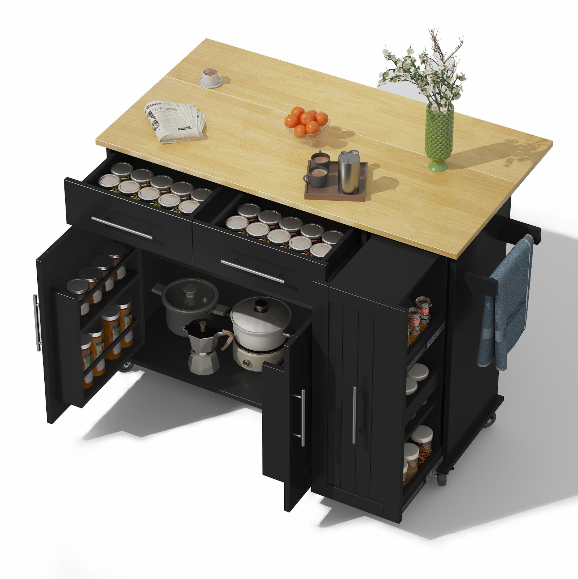 KUCHYŇSKÝ ostrůvek 120/40(65)/90 cm černá/přírodní z MDF se sklápěcí deskou a kolečky - černá, kompozitní dřevo (120/90/65cm) - OKWISH