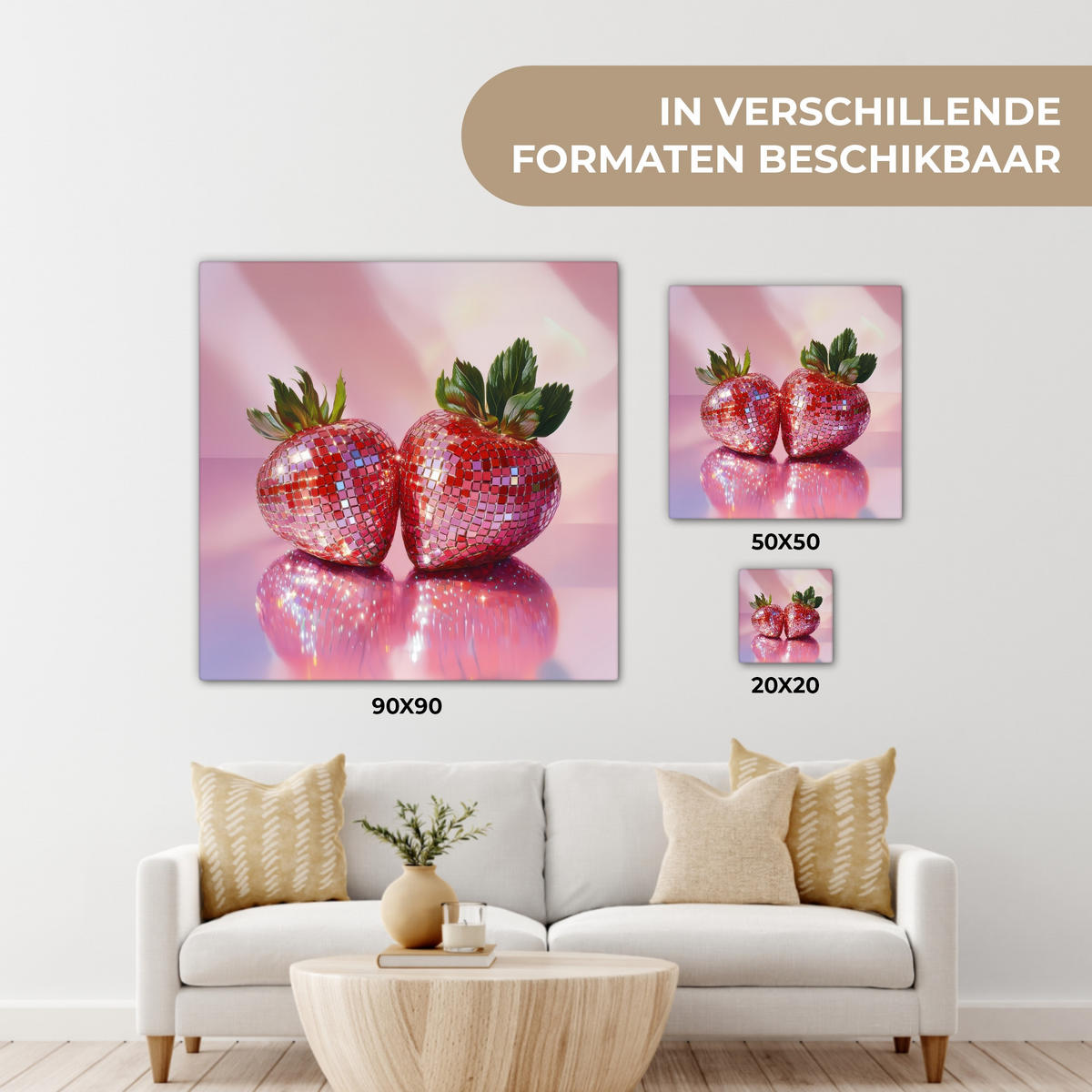 LEINWANDBILD Disco - Obst - Glitzer - Erdbeere Deko Groß 90x90 cm - Pink, Textil (90/90cm) - MuchoWow