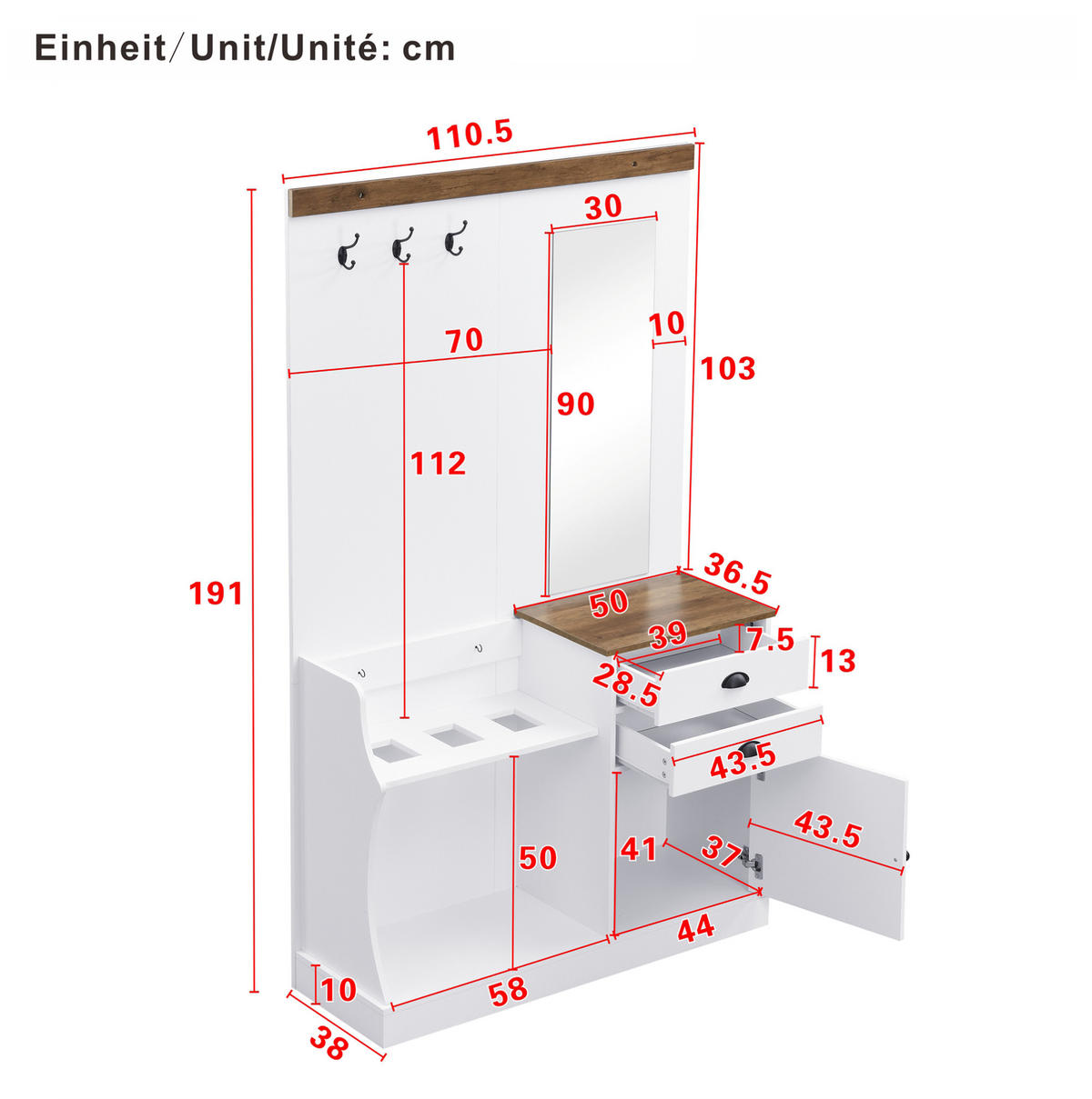 GARDEROBENSET mit Spiegel 110,5 x 38 x 191 cm Spanplatte Weiß - Weiß, Holzwerkstoff (38/191/110.5cm) - Beauniv