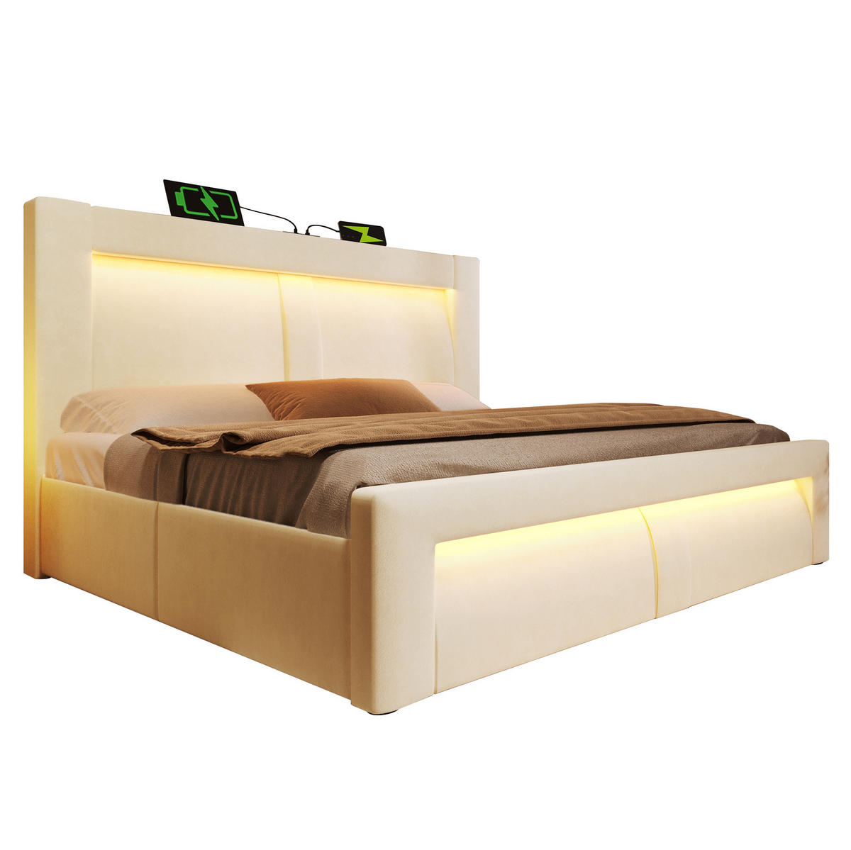 ČALÚNENÁ posteľ 180/200 cm béžová zamatová s úložným priestorom LED osvetlením a USB nabíjaním - béžová, textil (180/200cm) - OKWISH