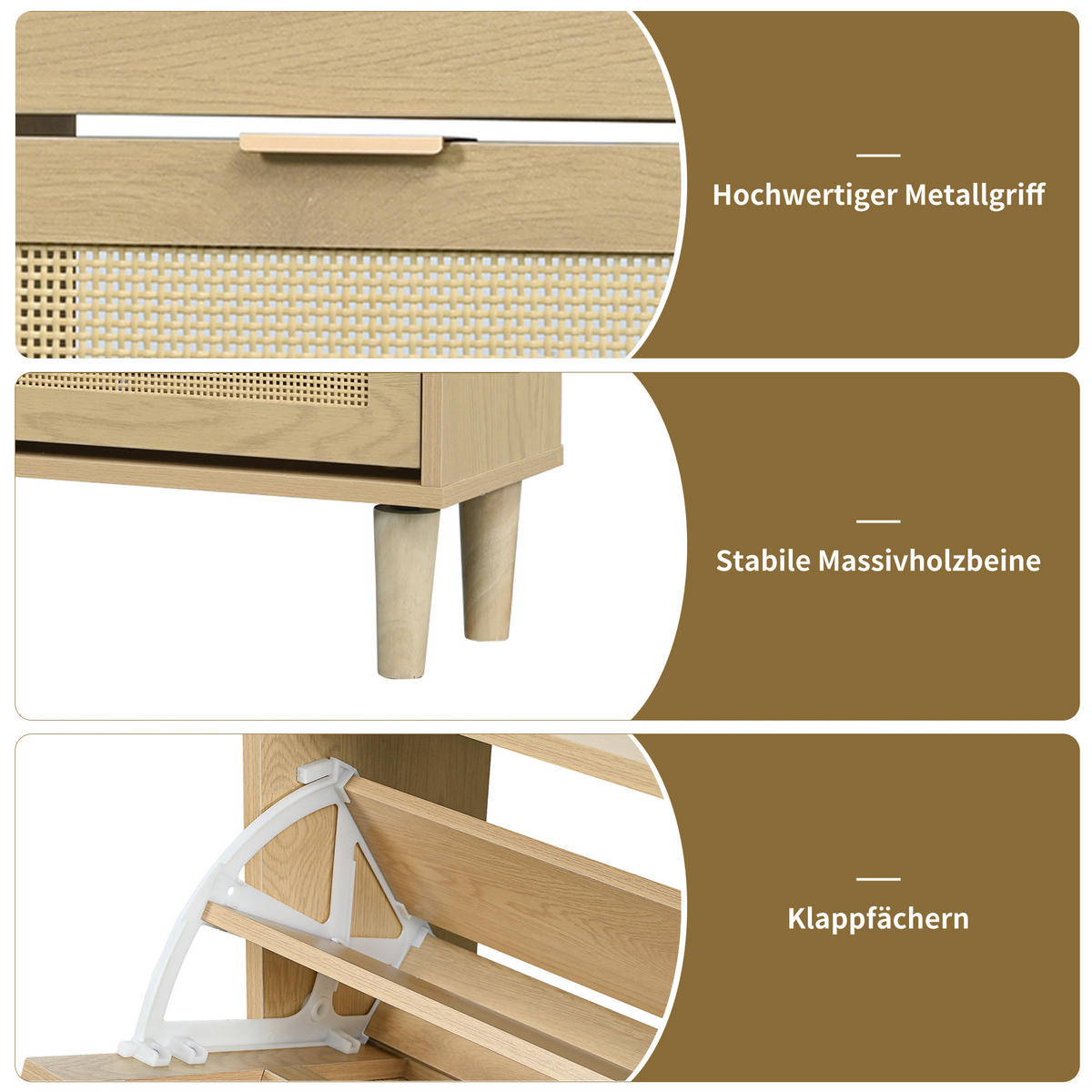 SCHUHSCHRANK 100/25/90 cm eichefarben aus Spanplatte mit Rattanfronten und 4 Klappen - Naturfarben, Holzwerkstoff (100/90/25cm) - OKWISH