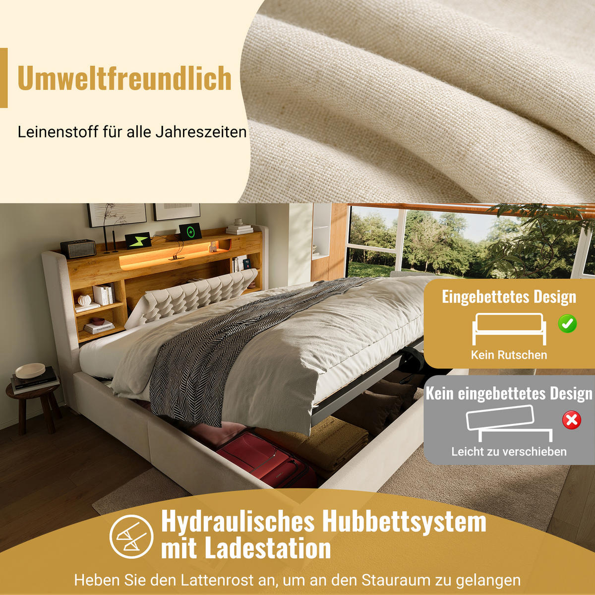 POLSTERBETT 160/200 cm in Beige mit Bettkasten, LED und USB-C - Beige, Holzwerkstoff/Textil (160/200cm) - WISHDOR
