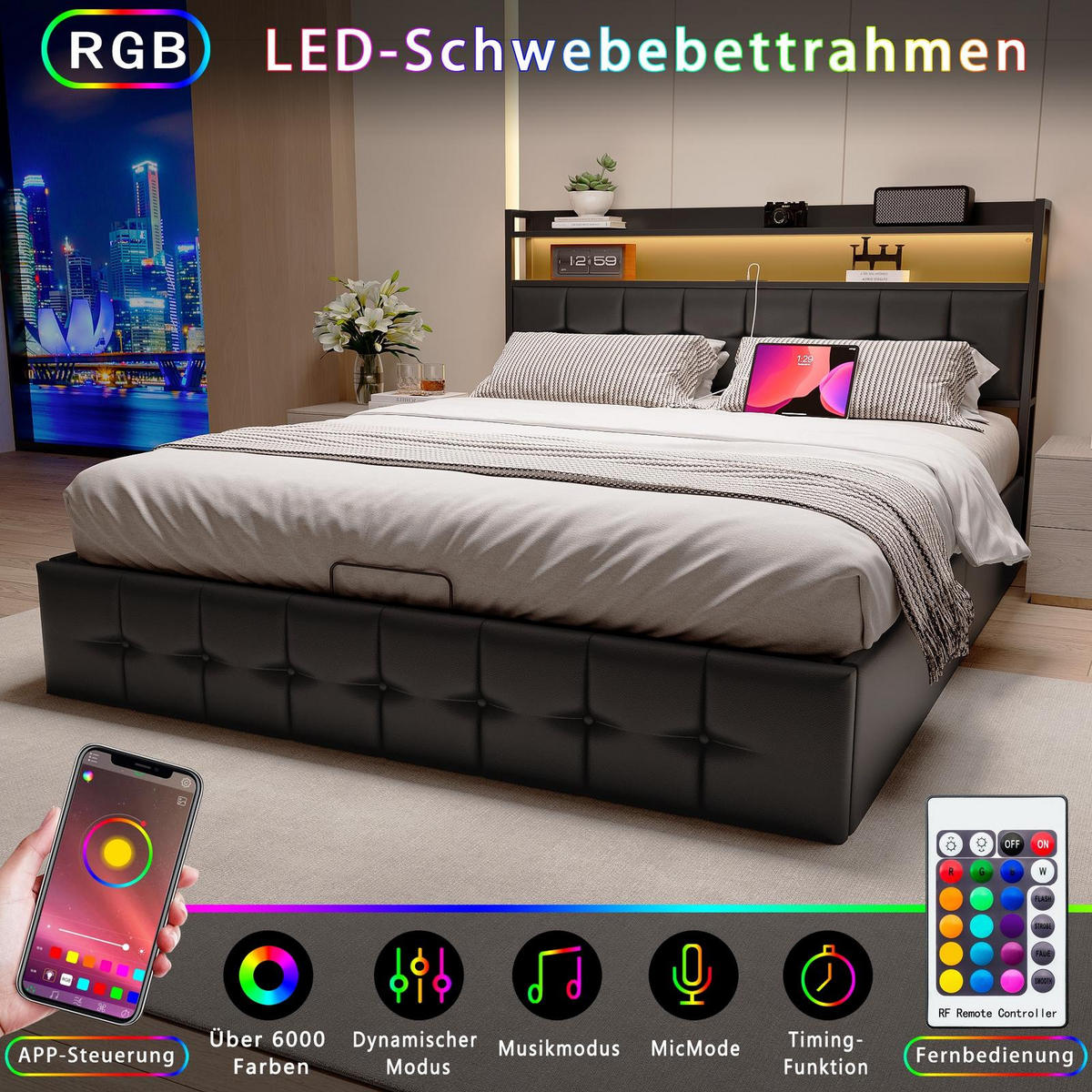 POLSTERBETT 140x200 cm Smart-Lift Elite mit Hydraulik-Stauraum, RGB-LED & Ladestation, Kunstleder, Schwarz - Schwarz, Textil (140/200cm) - DELFA
