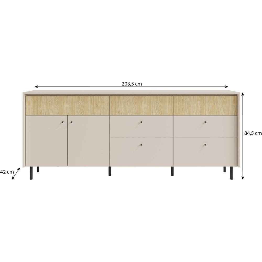 KOMMODE Monako mit 7 Schubalden und 2 Türen, Beige Sand - Eichefarben/Beige, Holzwerkstoff/Metall (203/84/42cm) - Beautysofa