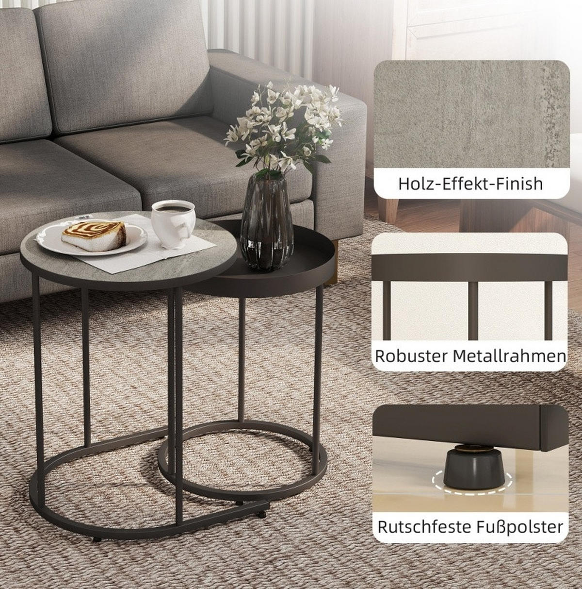 SATZTISCHE 42/36.5 cm grau aus MDF und Metall mit Tablett-Design - Grau, Metall (42/42/54cm) - OKMYHOME
