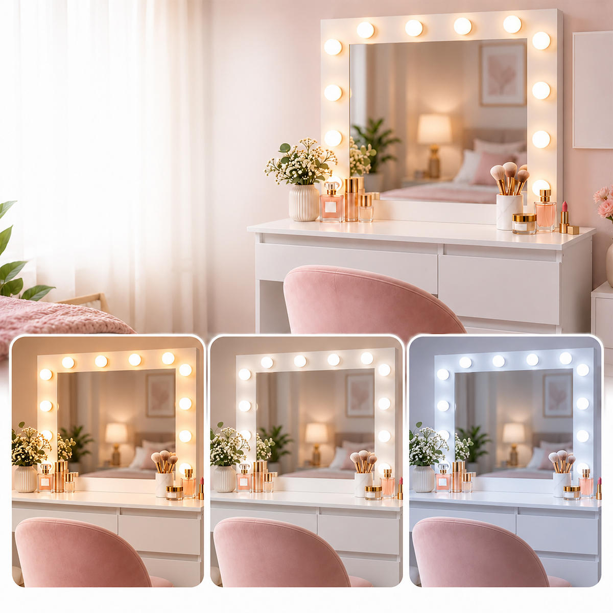 TOALETKA Bílá hollywoodské zrcadlo osvětlení 12 LED 4 zásuvky - bílá, kompozitní dřevo/sklo (94/140/43cm) - Relaxdays