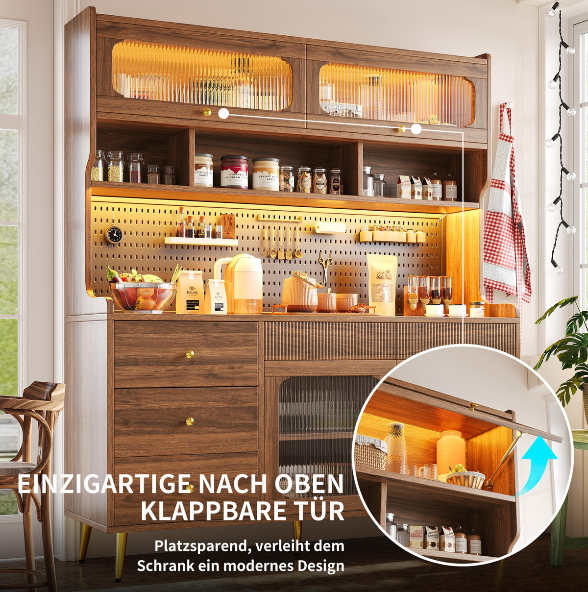 BUFFETSCHRANK 145/39/171 cm aus MDF und Glas mit Lift-up-Tür, RGB-LED-Beleuchtung, App-Steuerung und Lochwand, Walnuss - Walnussfarben, Holzwerkstoff (145/171/39cm) - Redom