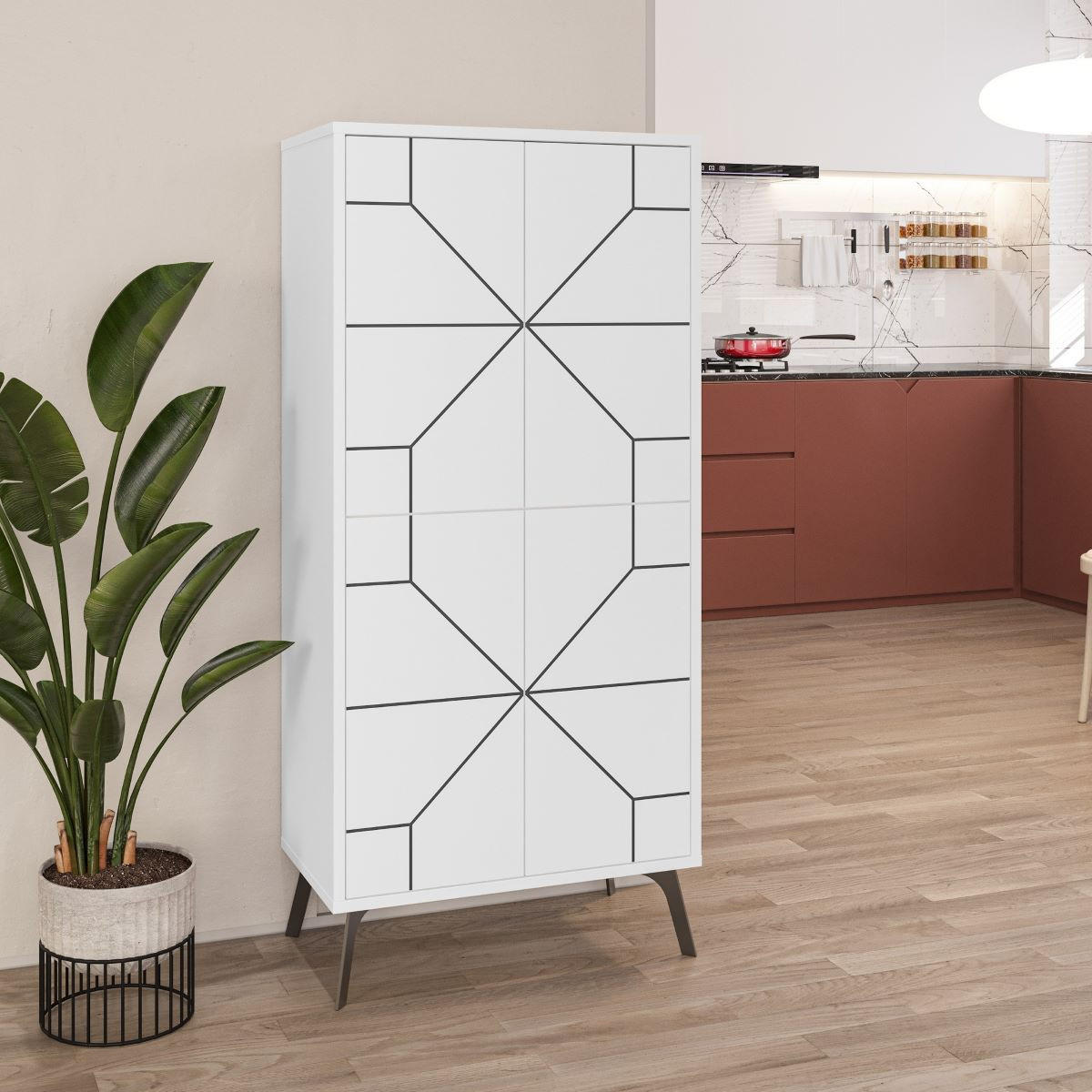 HIGHBOARD mit 4 weißen Türen und schwarzen Dekorationen H136 cm - Dune - Weiß, Holzwerkstoff (35.6/136/13cm) - Calicosy