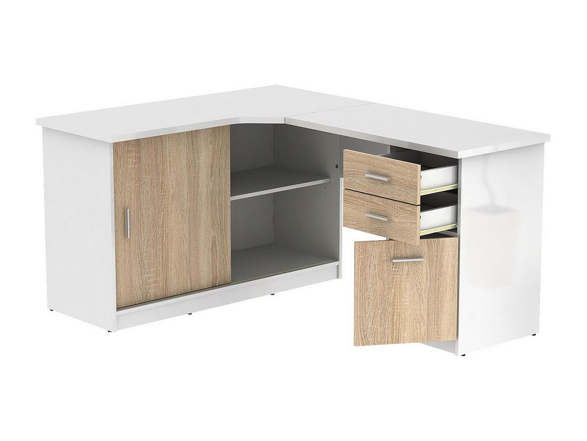ECKSCHREIBTISCH mit 2 Türen & 2 Schubladen - Weiß & Eichefarben - NORWY - Naturfarben, Holz (120/150/75cm) - Vente-Unique