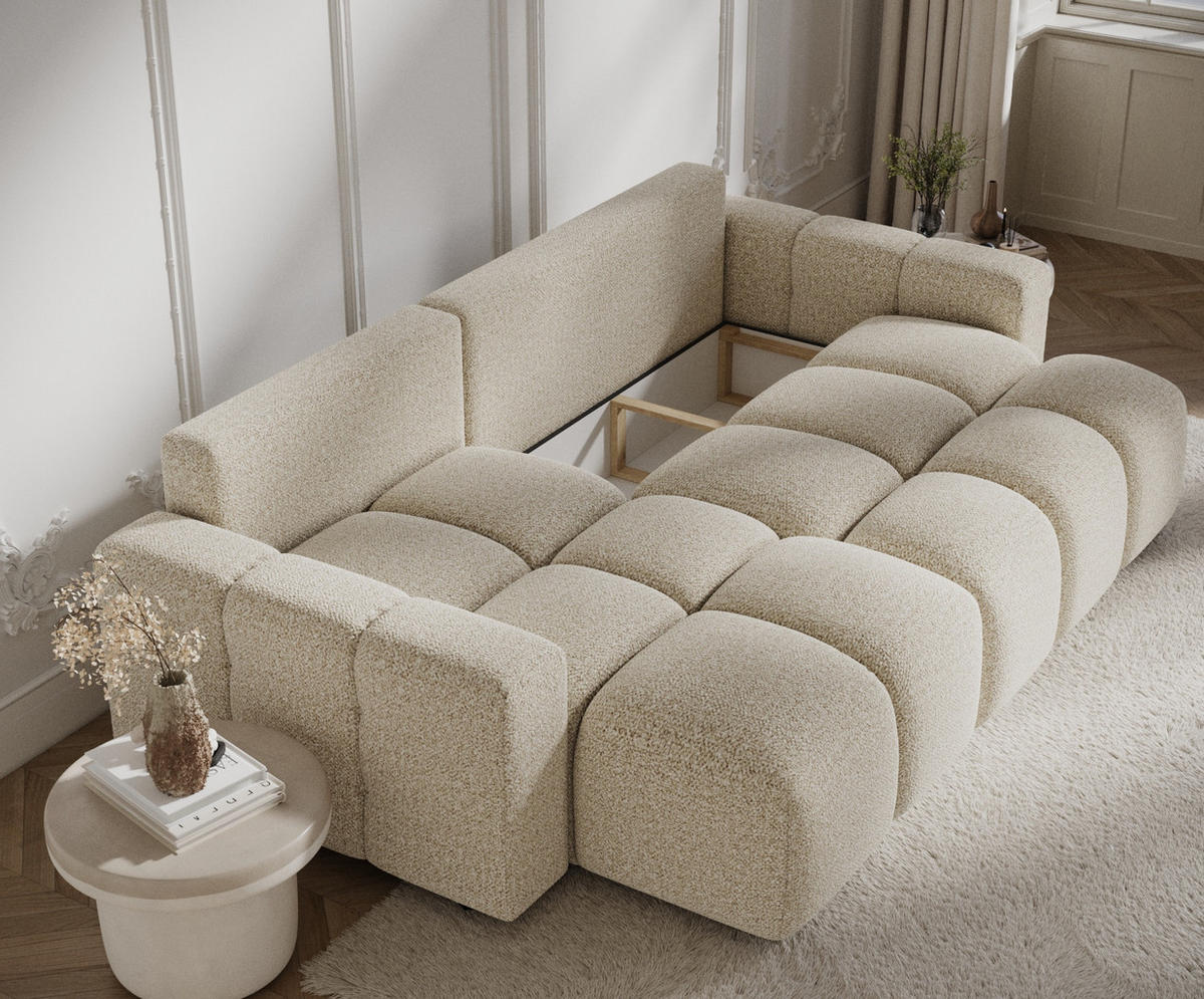 ECKSOFA MIT SCHLAFFUNKTION Ucci Beige Plüschstoff - Beige/Schwarz, Holz/Holzwerkstoff (233/142cm) - Maison de Reve