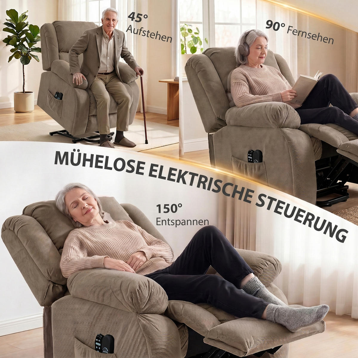 FERNSEHSESSEL-MIT-AUFSTEHHILFE Samt Braun - Hellbraun/Schwarz, Holz/Textil (104/100/93cm) - HOMCOM