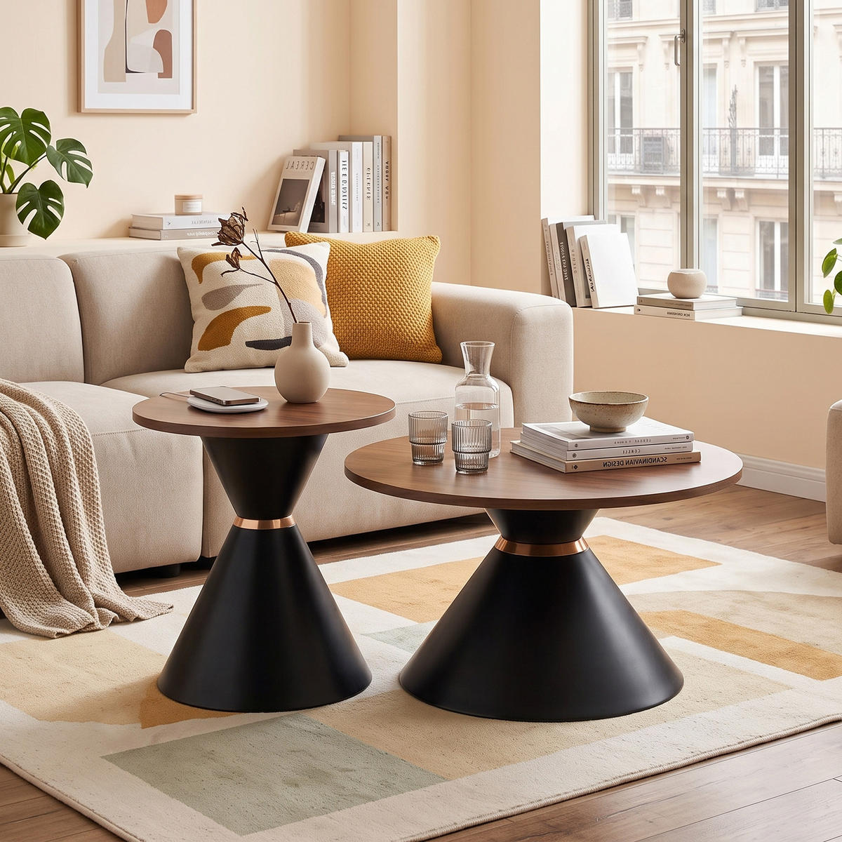 KONFERENČNÍ STOLEK sada 2 ks v dekoru ořechu a černé, kuželový design - barva vlašského ořechu, kov (70/70/42.5cm) - Urban Meuble