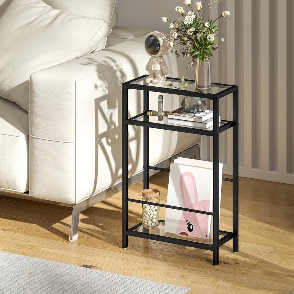 BEISTELLTISCH 40/18/62 cm schwarz aus Glas mit 3 Ablagen - Schwarz, Glas (40/18/62cm) - OKWISH