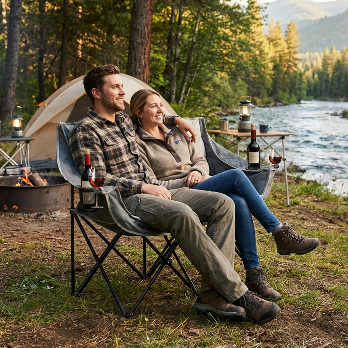 CAMPINGBANK Grau klappbar 2-Sitzer Getränkehalter - Multicolor, Kunststoff/Textil (139/95/53cm) - Relaxdays