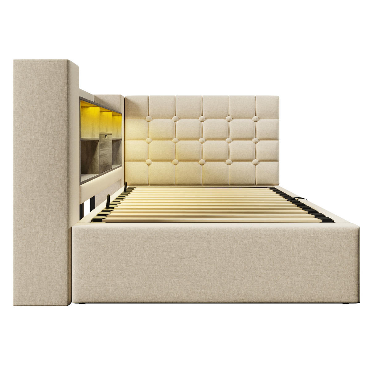 BETT mit Stauraum und LED 90x200 cm Leinen Beige - Beige, Metall (90/200cm) - Meubliv