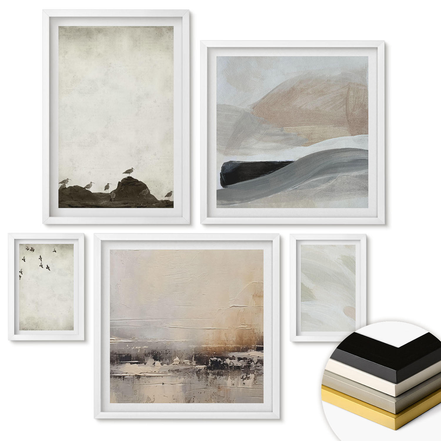WANDBILDER 5er-Set - 50x50 cm & 20x30 cm & 40x60 cm Weißer Rahmen - Vögel, Steine, Pinselstriche, Verzierungen - Weiß, Kunststoff (40/60cm) - ArtPrintCave