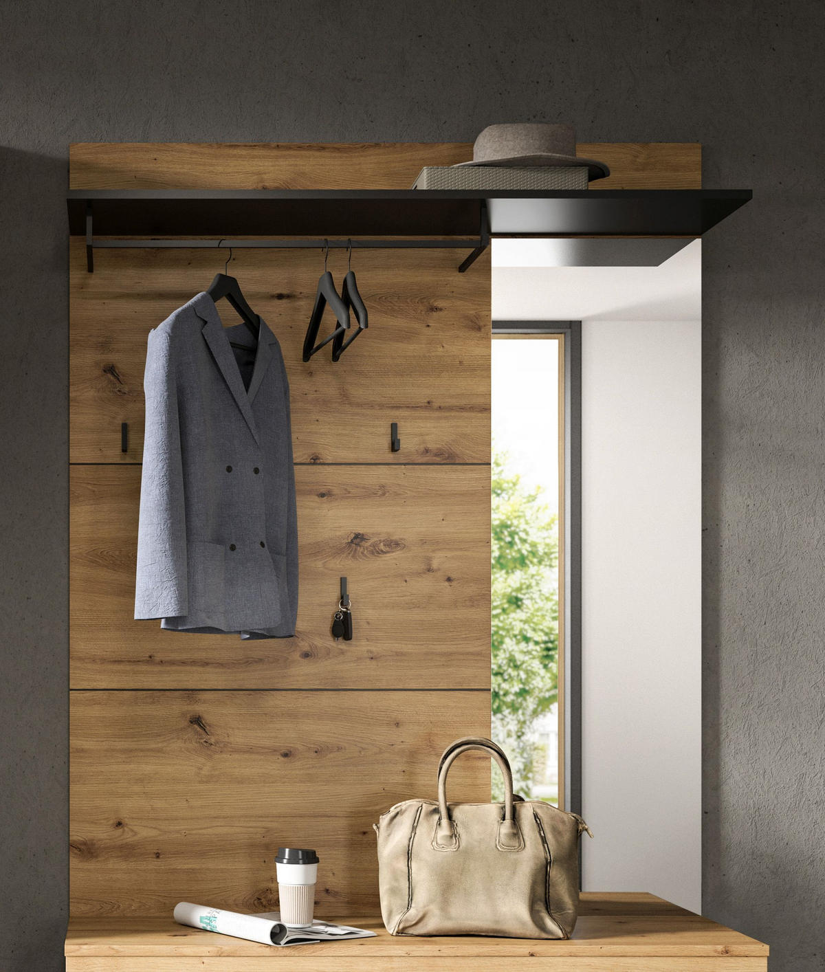 GARDEROBENPANEEL INKL. SPIEGEL Canu Artisan 120/29/147 cm - Grau, Holzwerkstoff (120/147/29cm) - Xonox