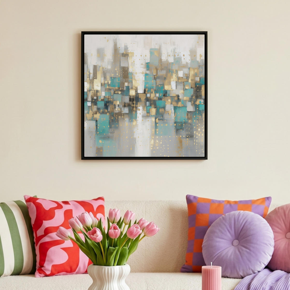 LEINWAND Bilder mit Rahmen - Abstrakt - Blöcke - Gold - Skyline - 50x50 - Beige, Textil (50/50cm) - MuchoWow