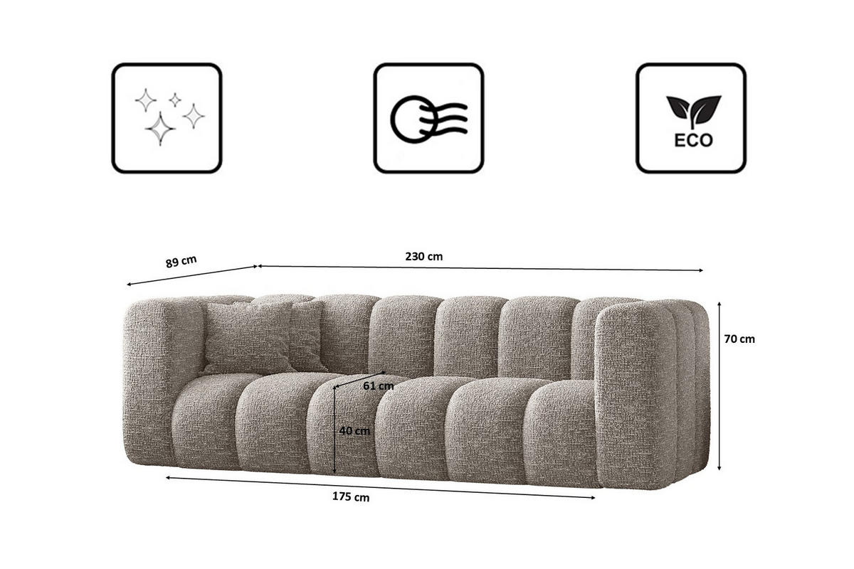 COUCH Dreisitzer-Sofa Grand Modular Stoff Haga Hellgrau - Hellgrau, Holz (230/70/91cm) - Kaiser Möbel