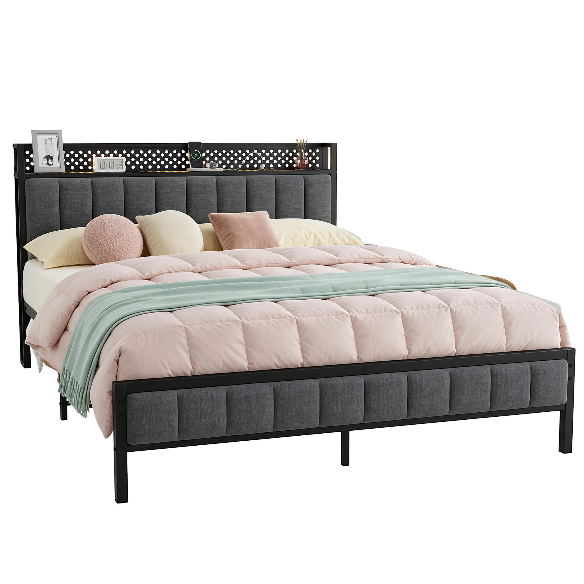 METALLBETT 140/200 cm in Schwarz mit USB-Anschlüssen und Stauraum - Schwarz, Metall (140/200cm) - OKMYHOME