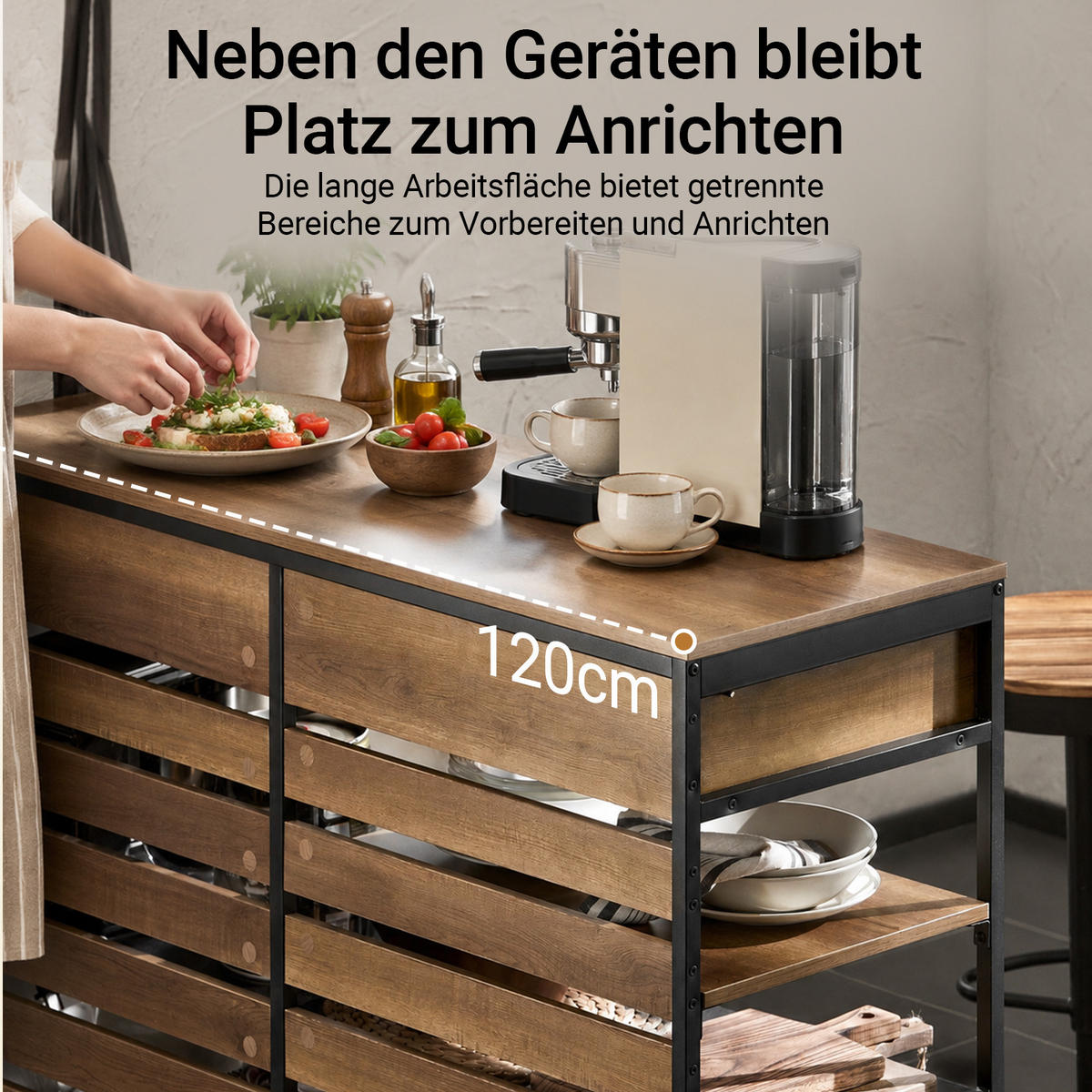 KÜCHENSCHRANK mit 120 cm Arbeitsplatte, 2 Schubladen, 4 offenen Fächern, Vintage Braun, für Küche, Esszimmer und Flur - Braun, Holz/Holzwerkstoff (120/91/45cm) - SoBuy
