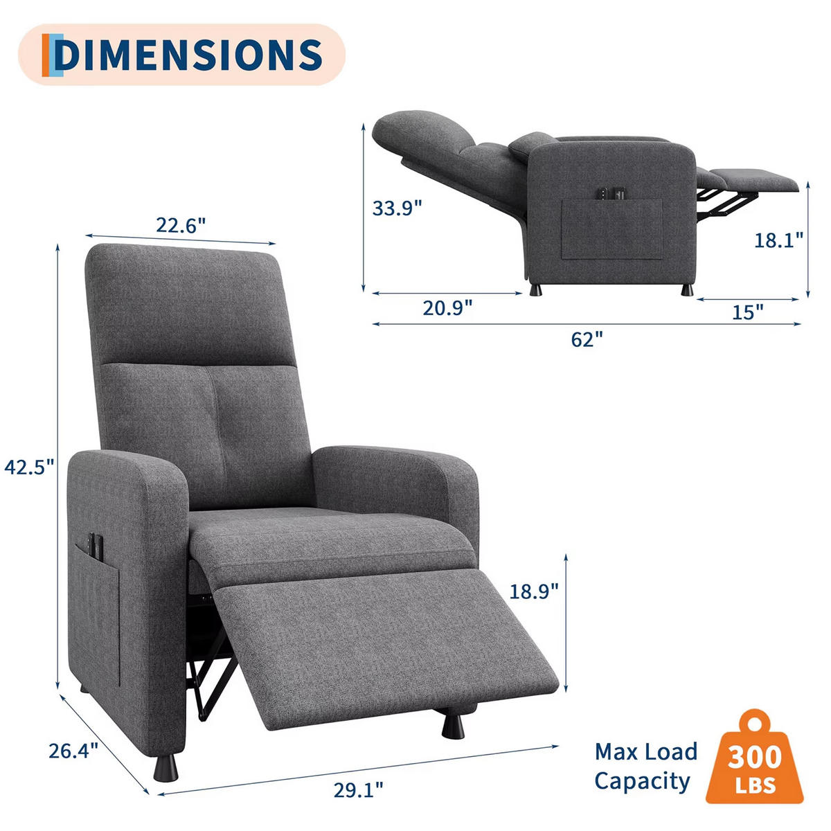RELAXSESSEL elektrisch Massage Wärme USB Rückenlehne - Grau, Textil (67/108/74cm) - Kaket
