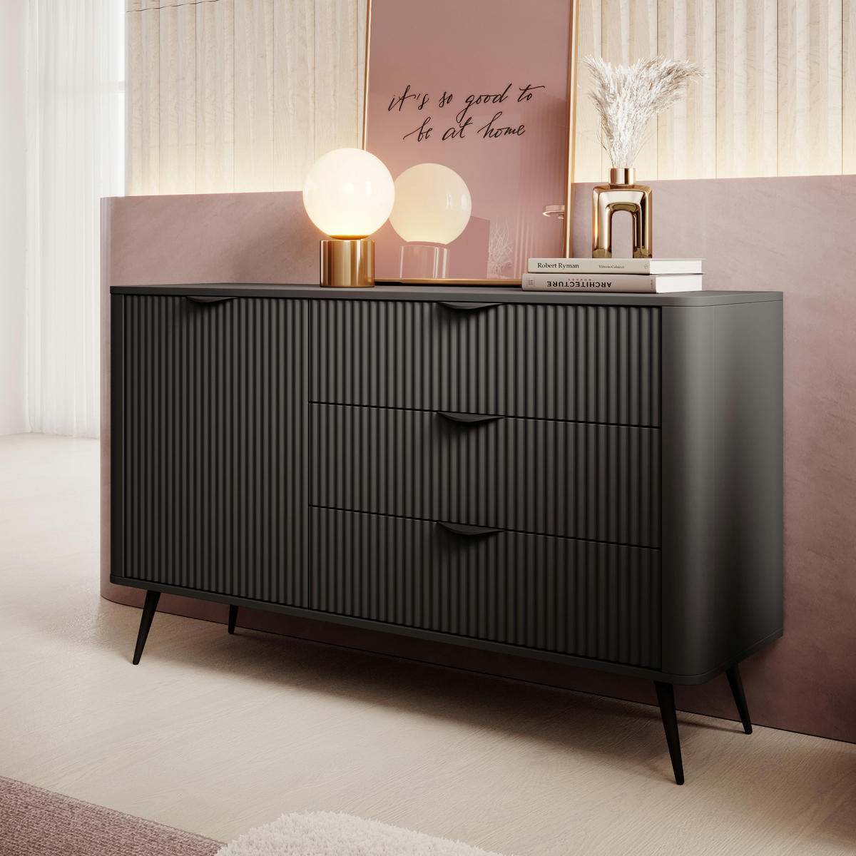 SIDEBOARD LEKNES KOM3 Reliefierte Fronten aus MDF-Platte Schwarz Schwarz - Schwarz, Glas/Holzwerkstoff (138/81/38cm) - Komodee