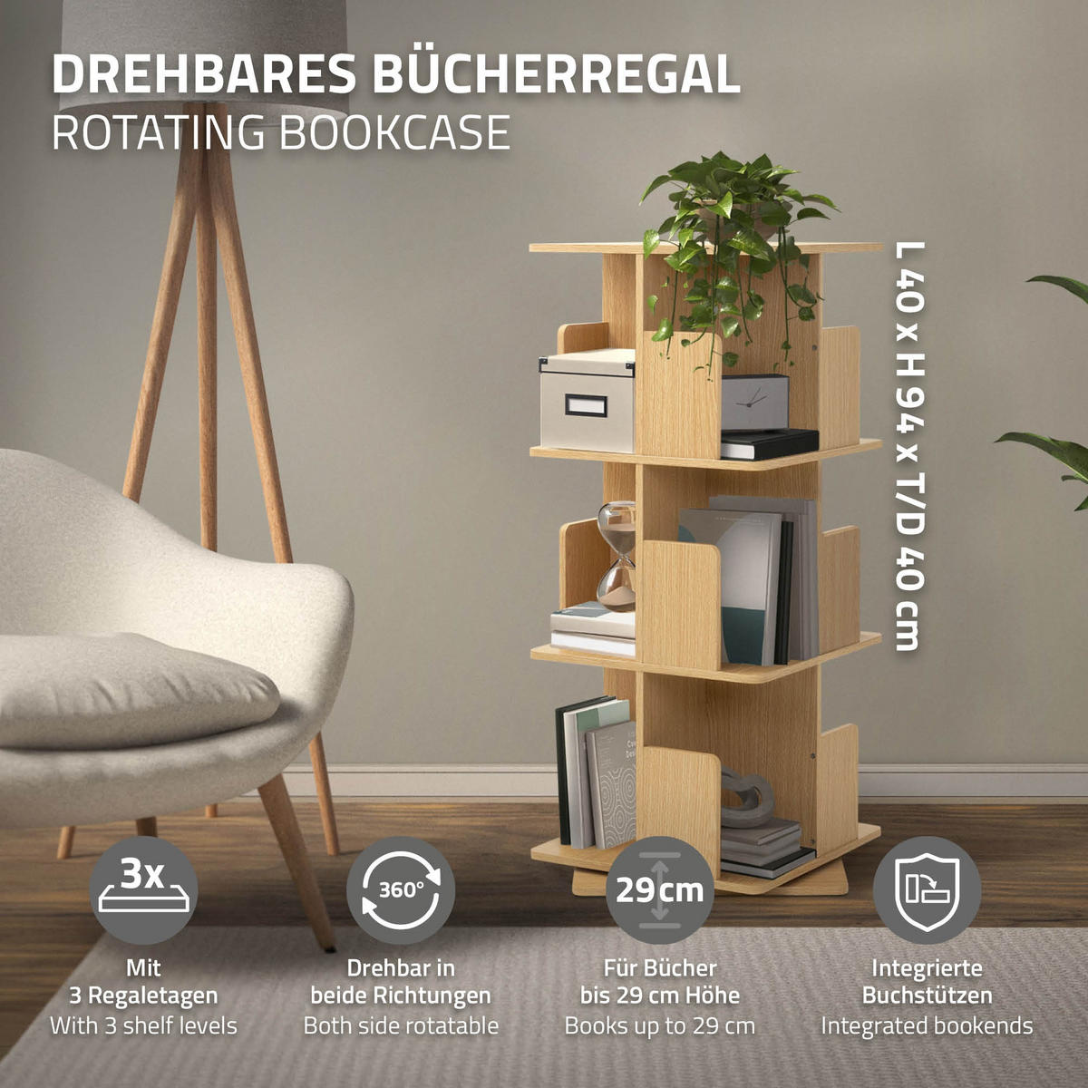 BÜCHERREGAL Kinder mit 3 Ebenen Eiche 40x94x40 cm Drehbar 360 Grad - Beige, Holzwerkstoff (40/94/40cm) - ML-DESIGN