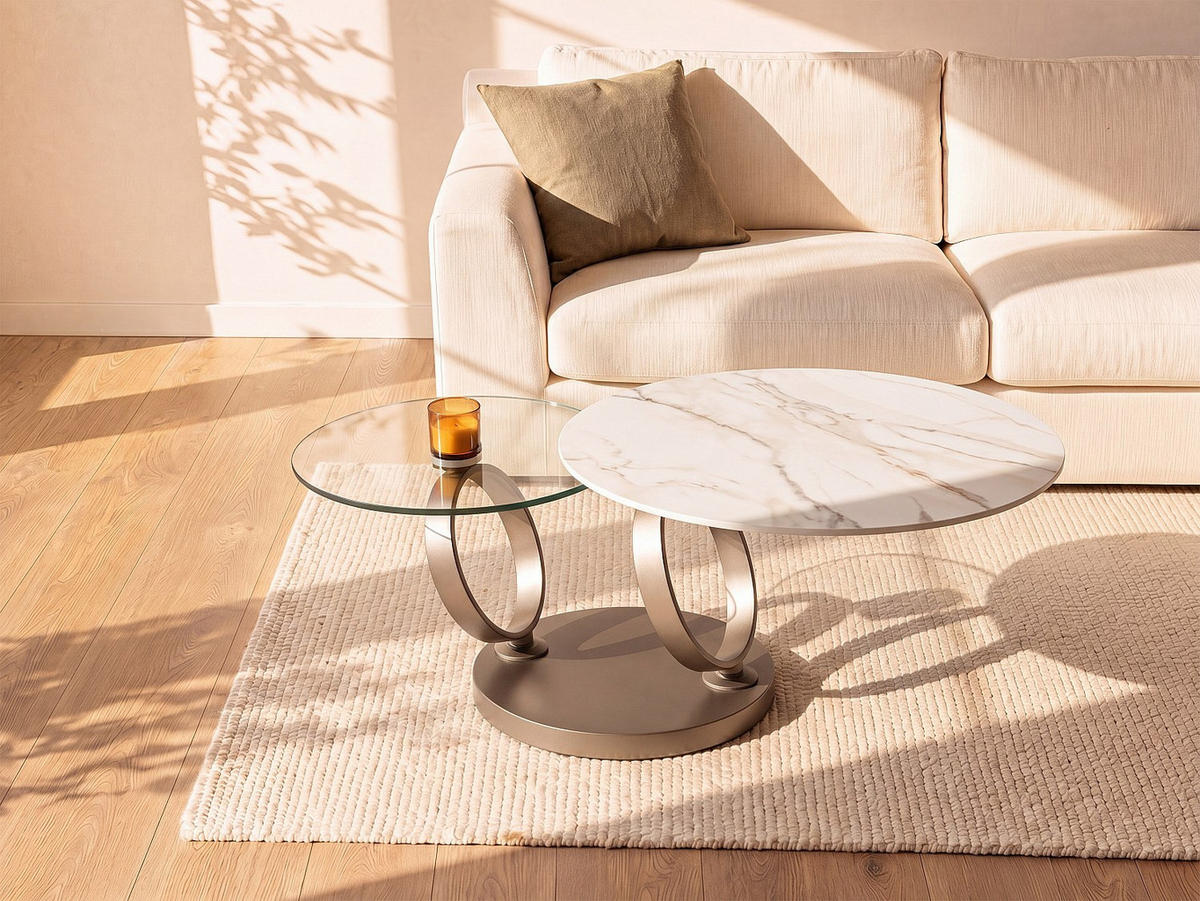COUCHTISCH mit drehbaren Tischplatten - Keramik & Glas Weiß Marmor-Optik - JOLINE - Taupe, Glas/Keramik (80/135/43cm) - Vente-Unique