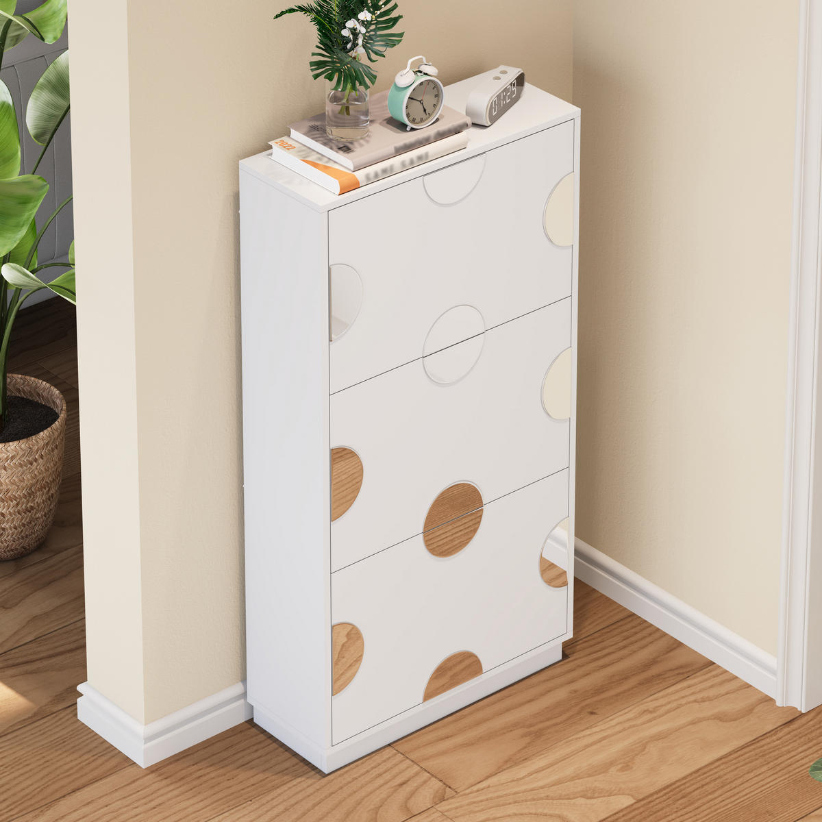 SCHUHSCHRANK 3 Klappen Spiegel Stauraum weiß - Weiß, Holz (63/120/24cm) - LEBENLANG