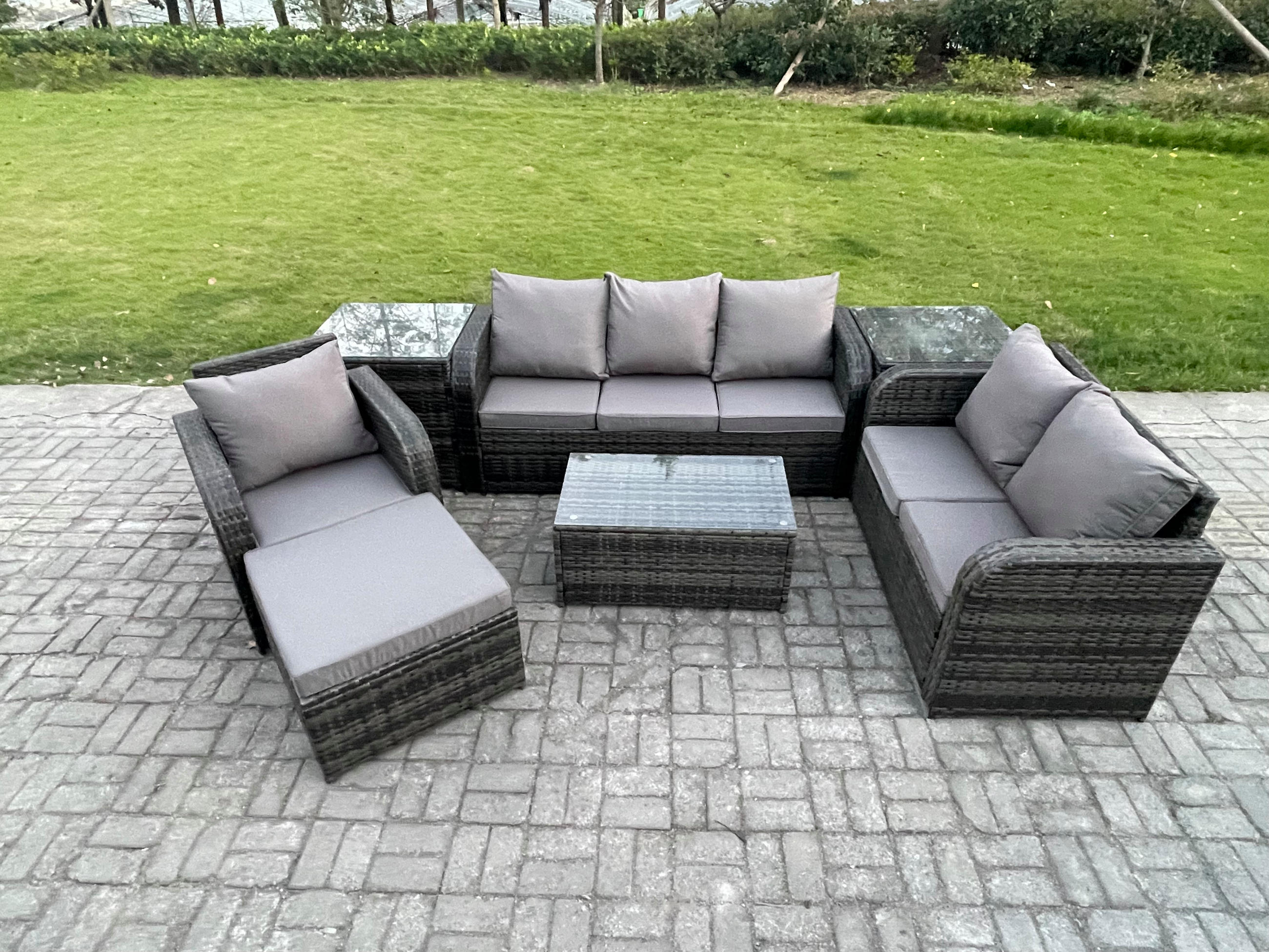 GARTENSET Polyrattan Dunkelgrau 6-Sitzer - Dunkelgrau/Grau, Glas/Kunststoff - Fimous